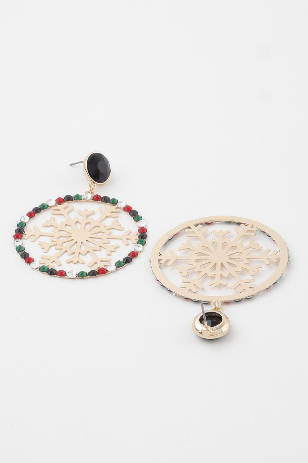 Jeweled snowflake earrings—multicolor bead oval front and gold back view