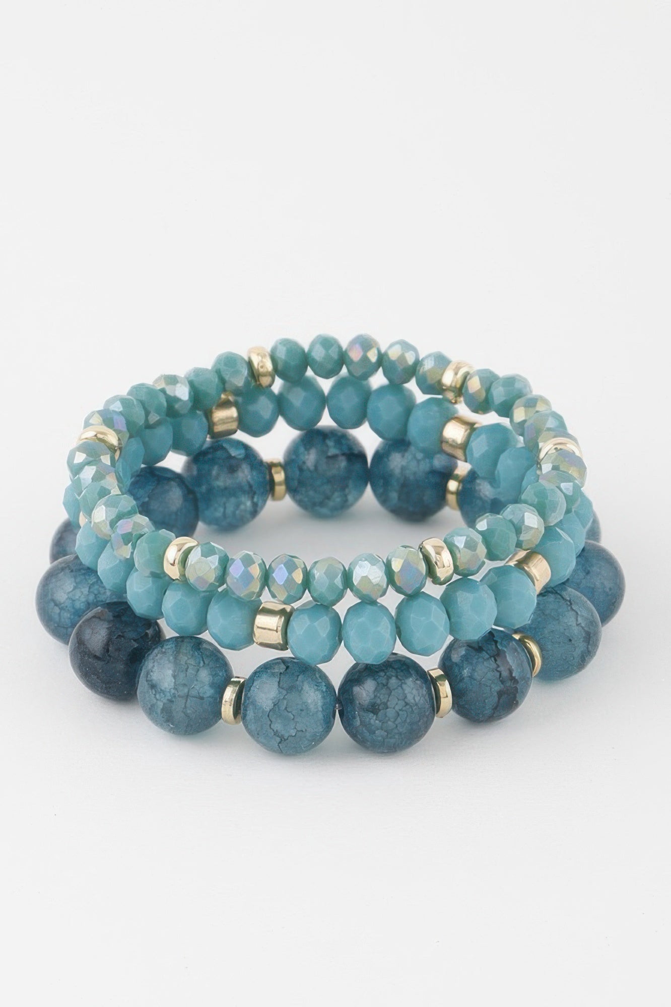 Triple crystal beaded bracelet set in aqua and deep blue with gold-tone beads