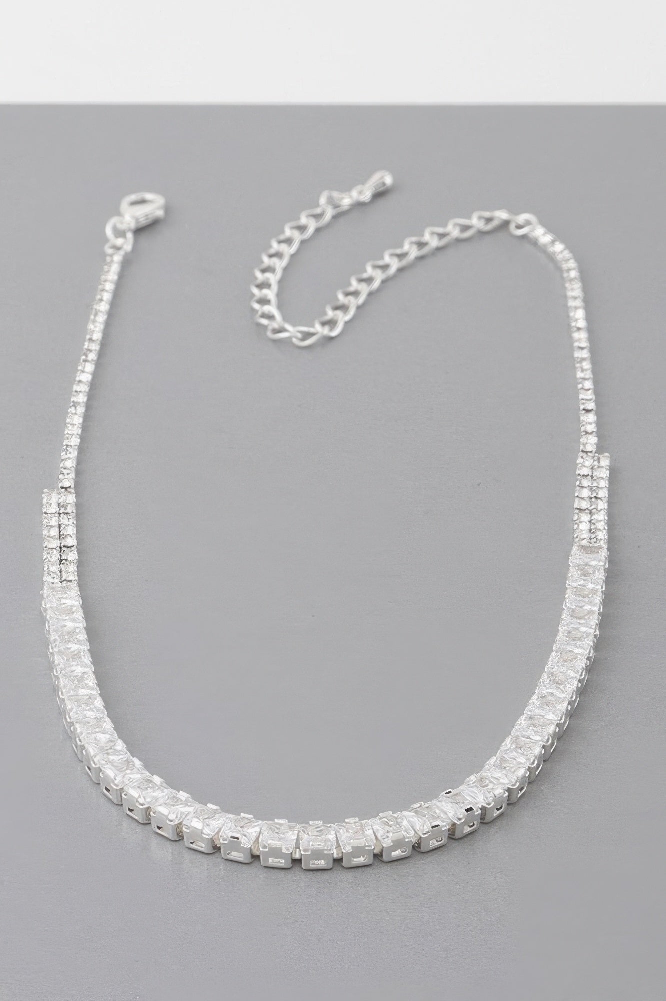 Silver-tone cubic rhinestone choker necklace, adjustable chain