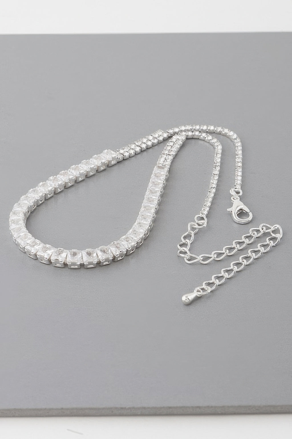 Silver cubic rhinestone choker necklace with clasp and short chain
