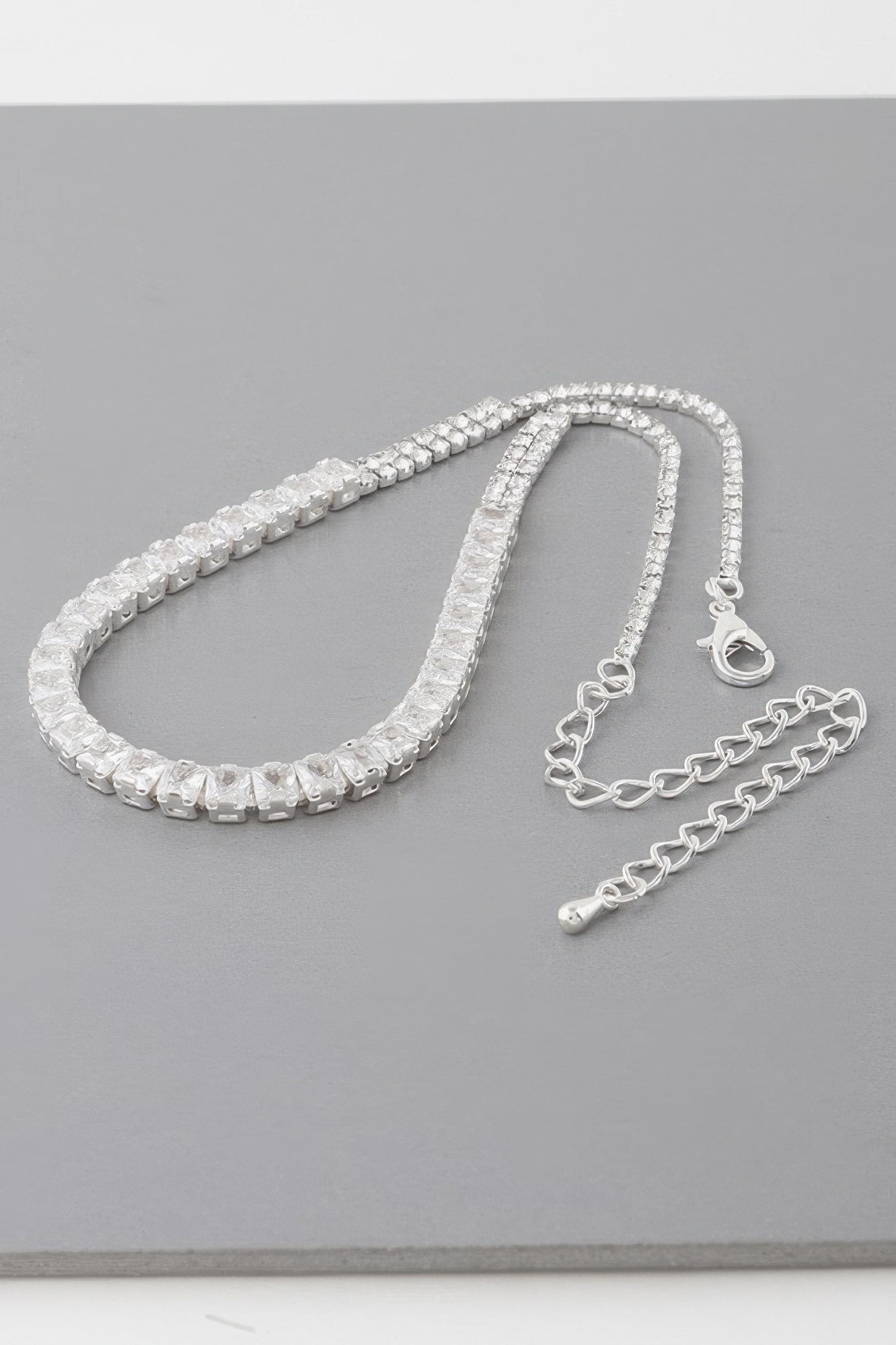 Silver cubic rhinestone choker necklace with clasp and short chain