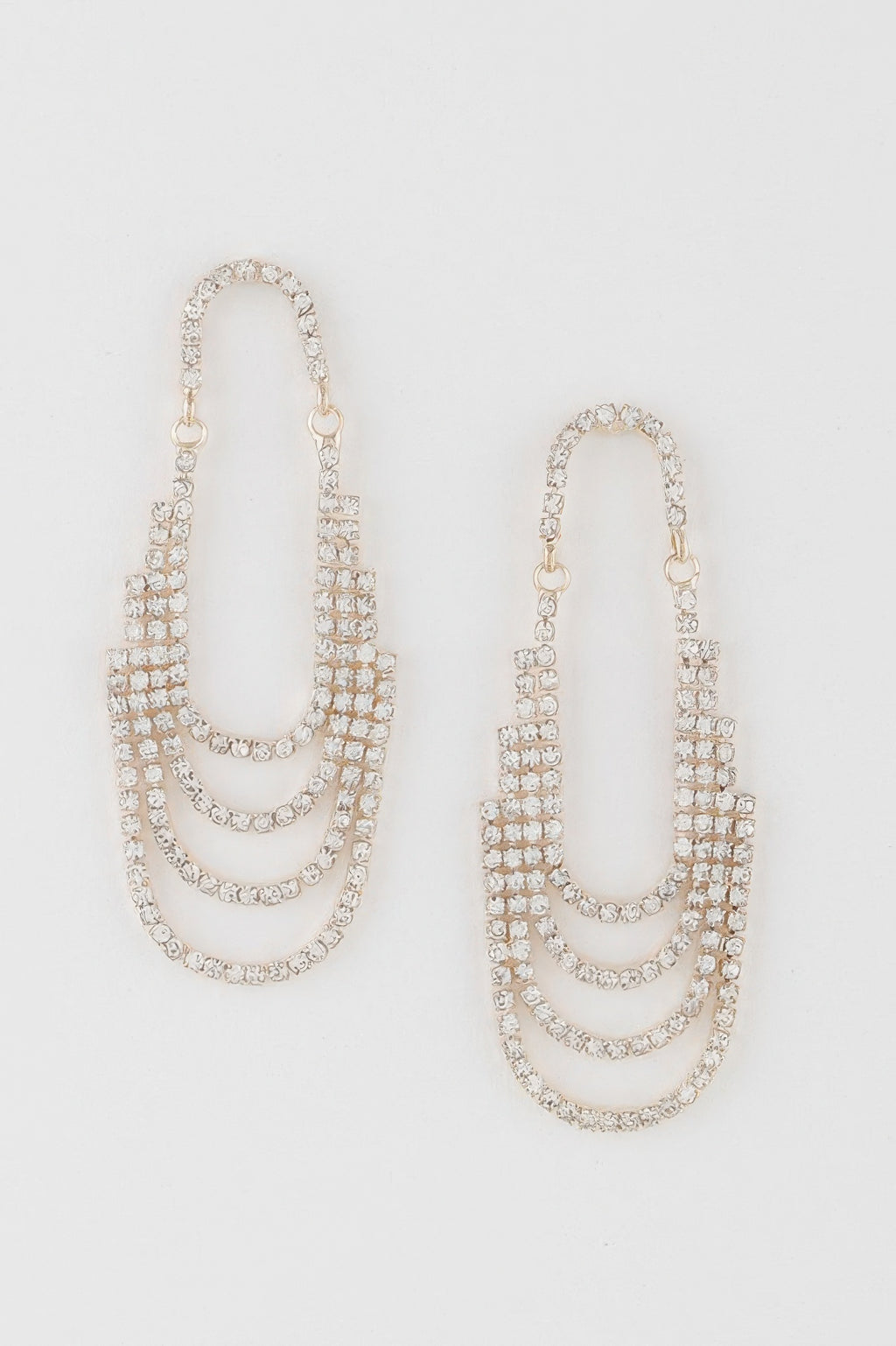 Gold clear rhinestone drop earrings, layered oval drape with dangling rows