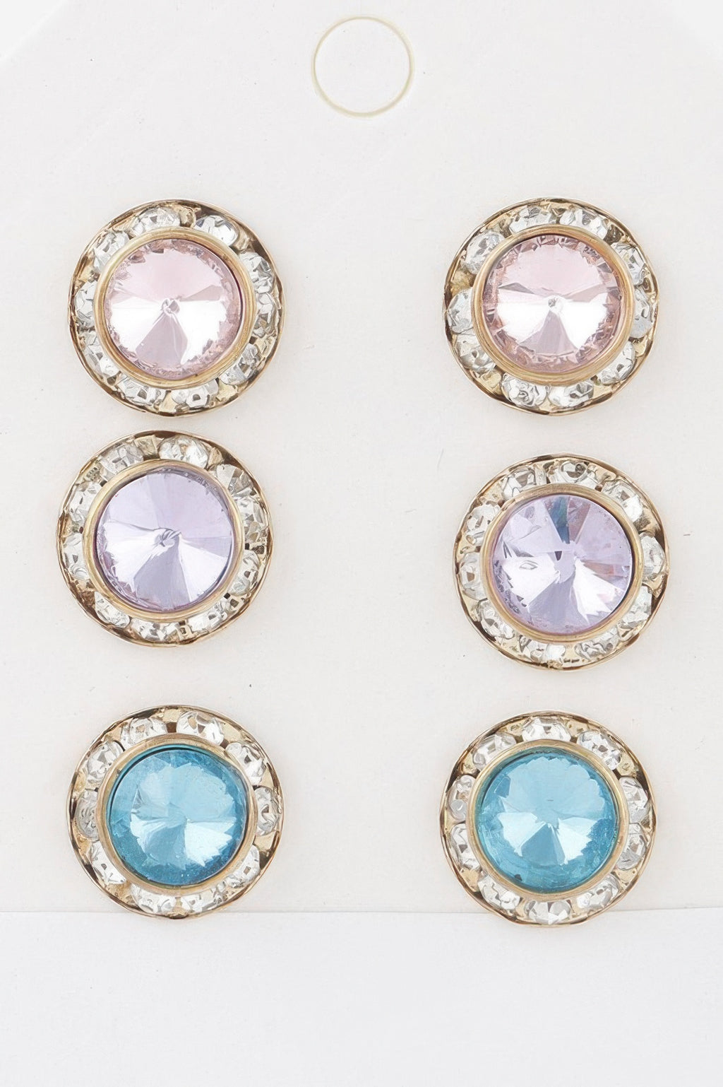 Multi Jeweled Stud Earrings set in light multicolor—round studs with pink, lilac, blue stones