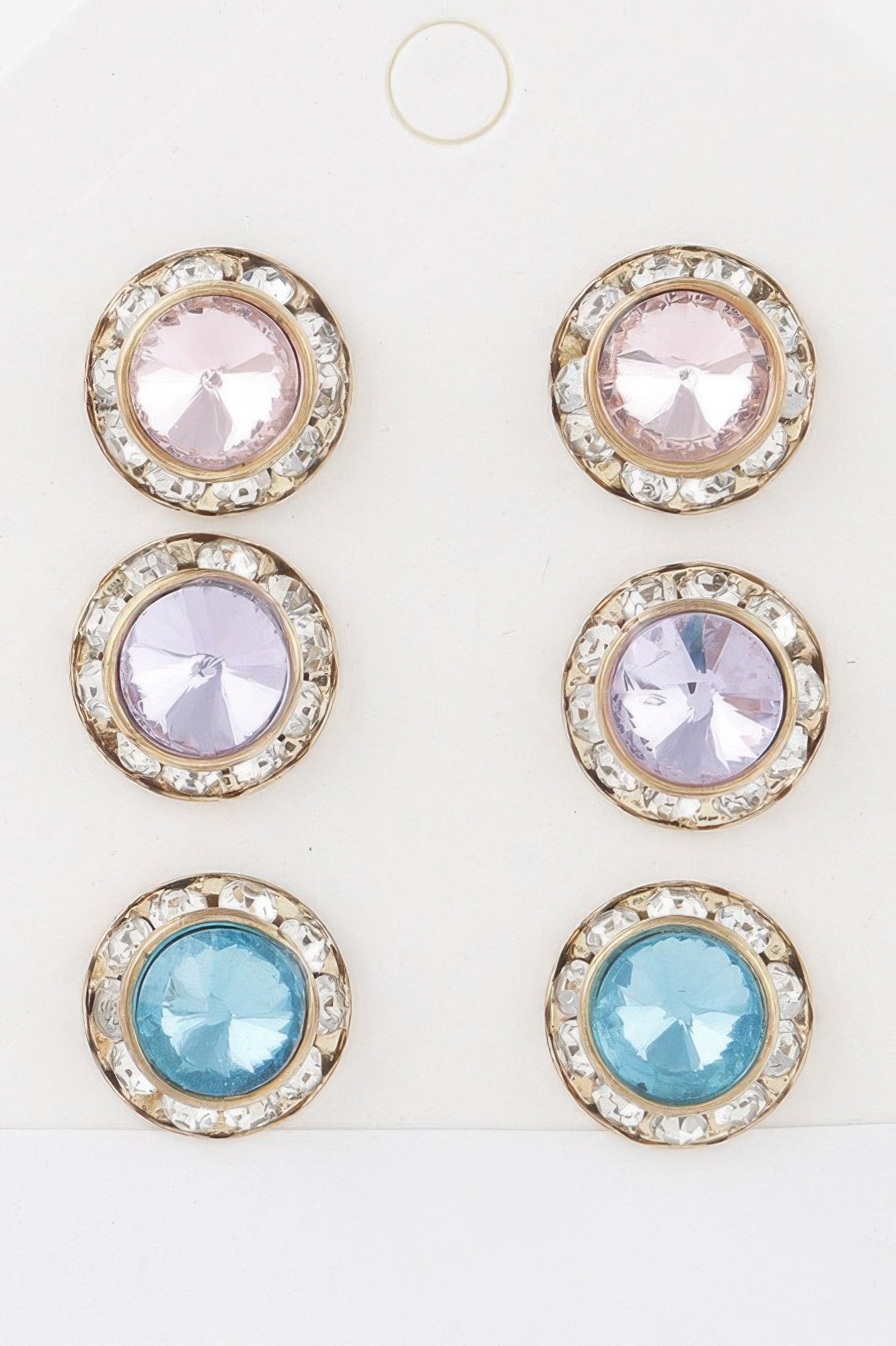 Multi Jeweled Stud Earrings set in light multicolor—round studs with pink, lilac, blue stones