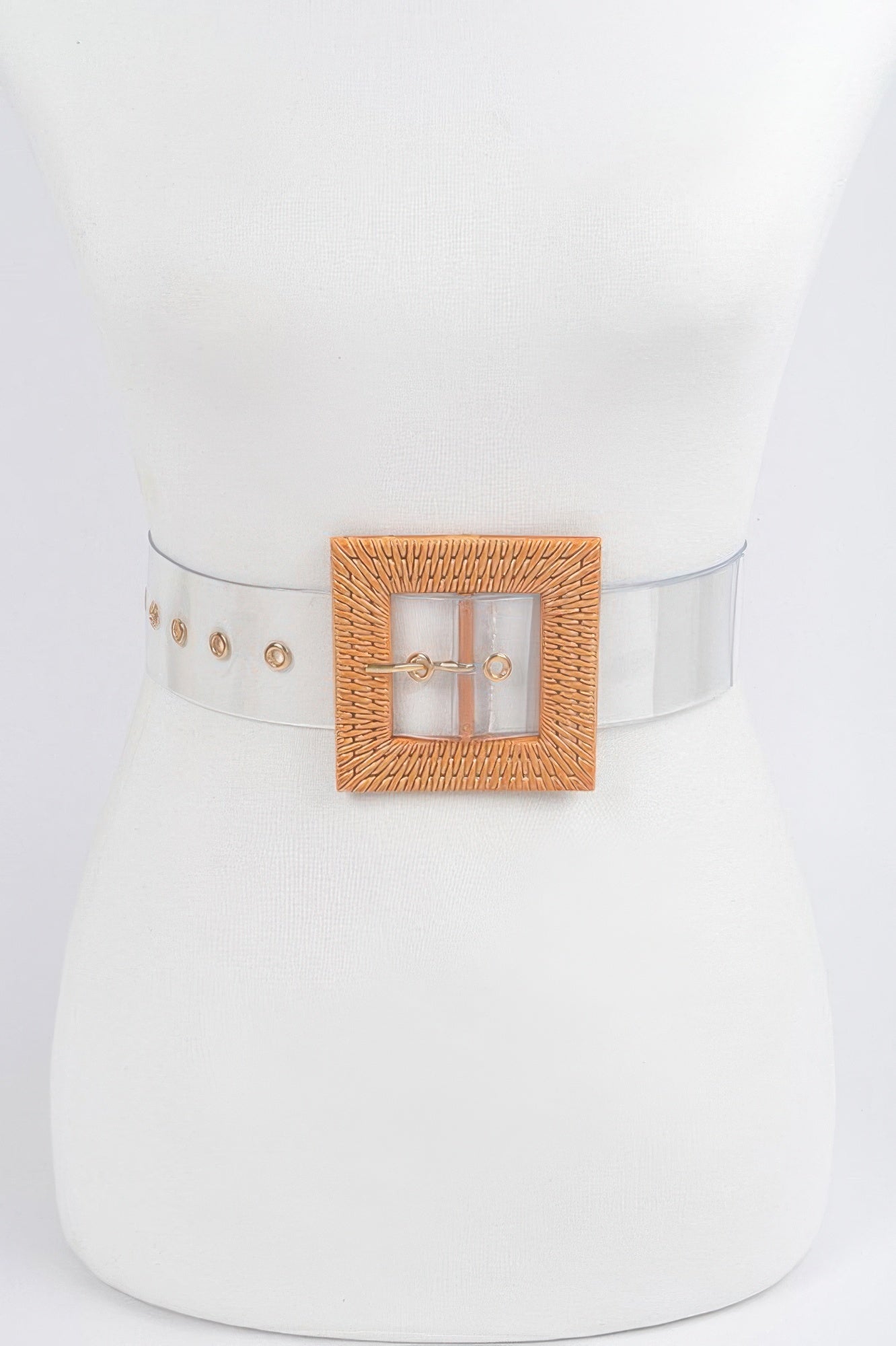 Plus size faux bamboo buckle transparent belt, gold buckle on clear strap
