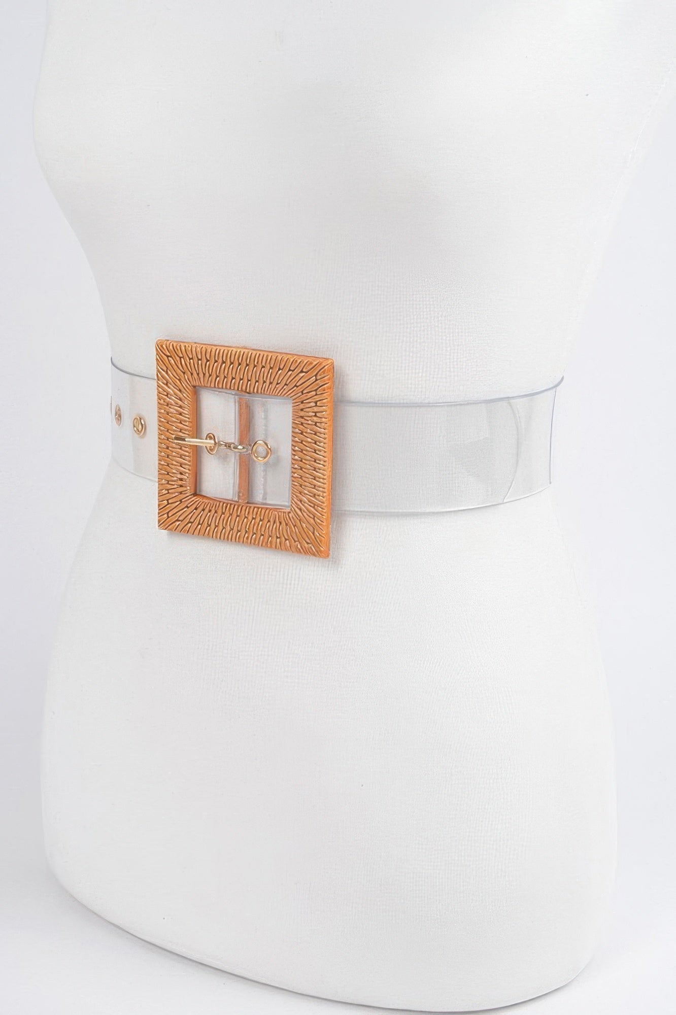 Transparent plus-size belt with square faux-bamboo buckle, centered on clear band