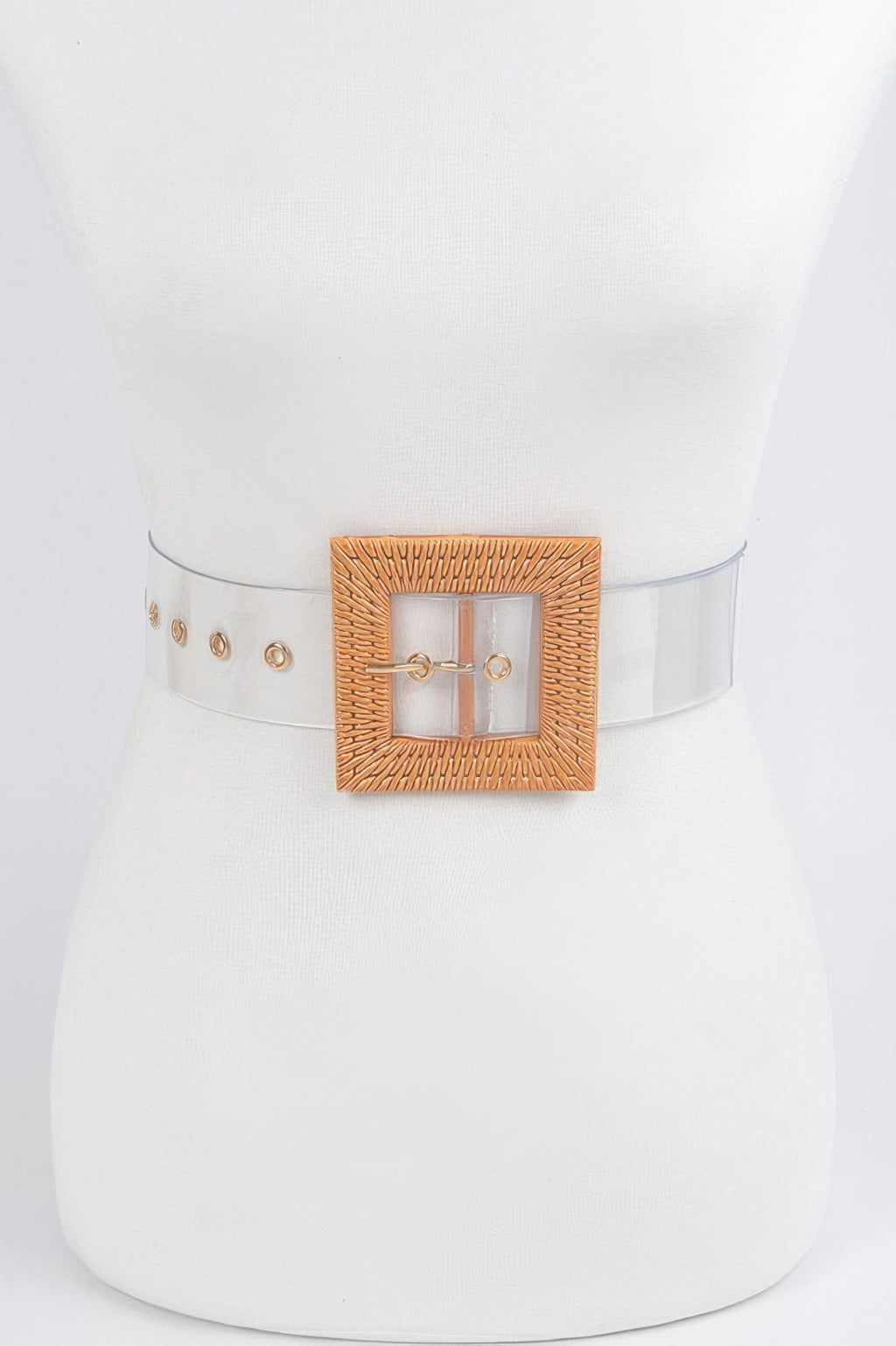 Faux bamboo buckle belt with square textured buckle and clear strap, gold-tone hardware