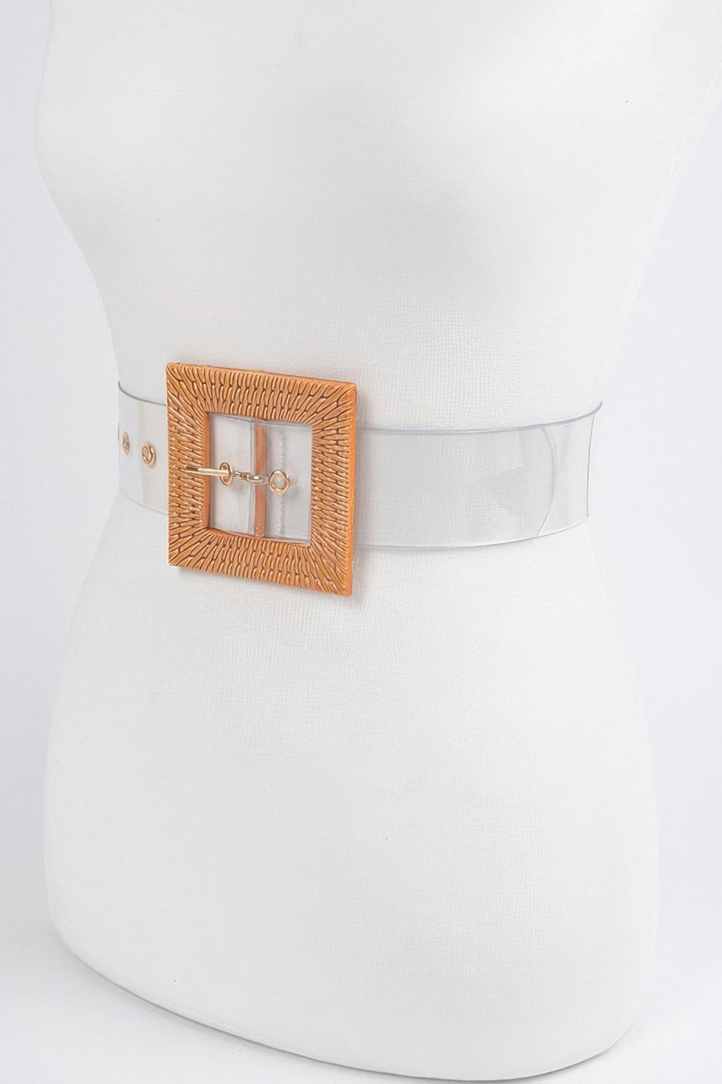 Square faux bamboo buckle belt on clear strap with gold-tone metal buckle hardware