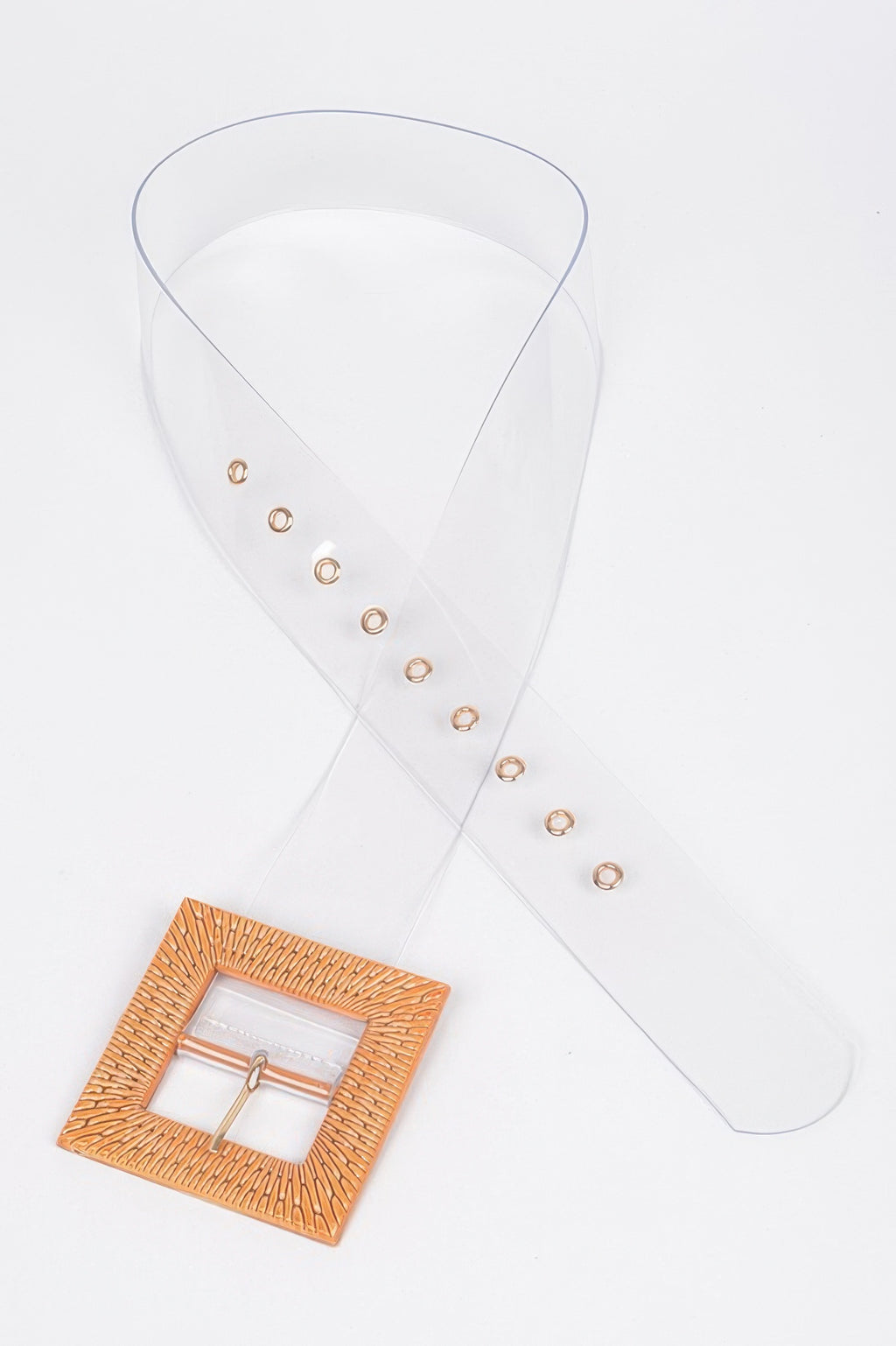 Faux bamboo buckle belt laid out: clear strap with eyelets and square textured buckle