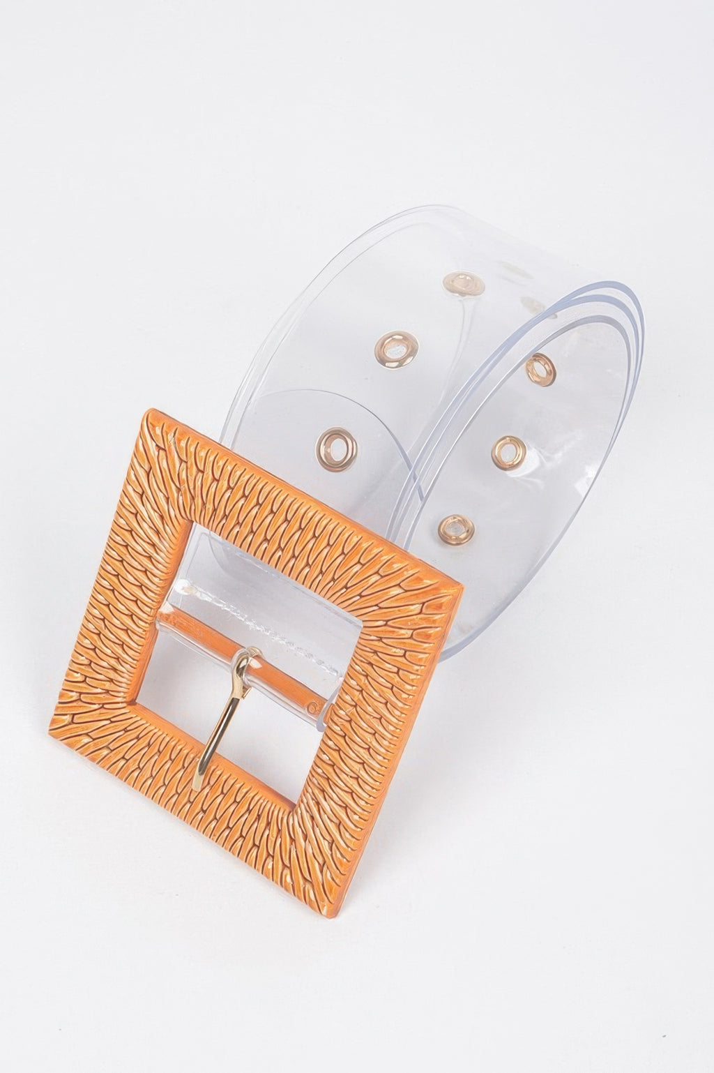 Faux bamboo square buckle belt detail: textured orange buckle with clear strap and rings