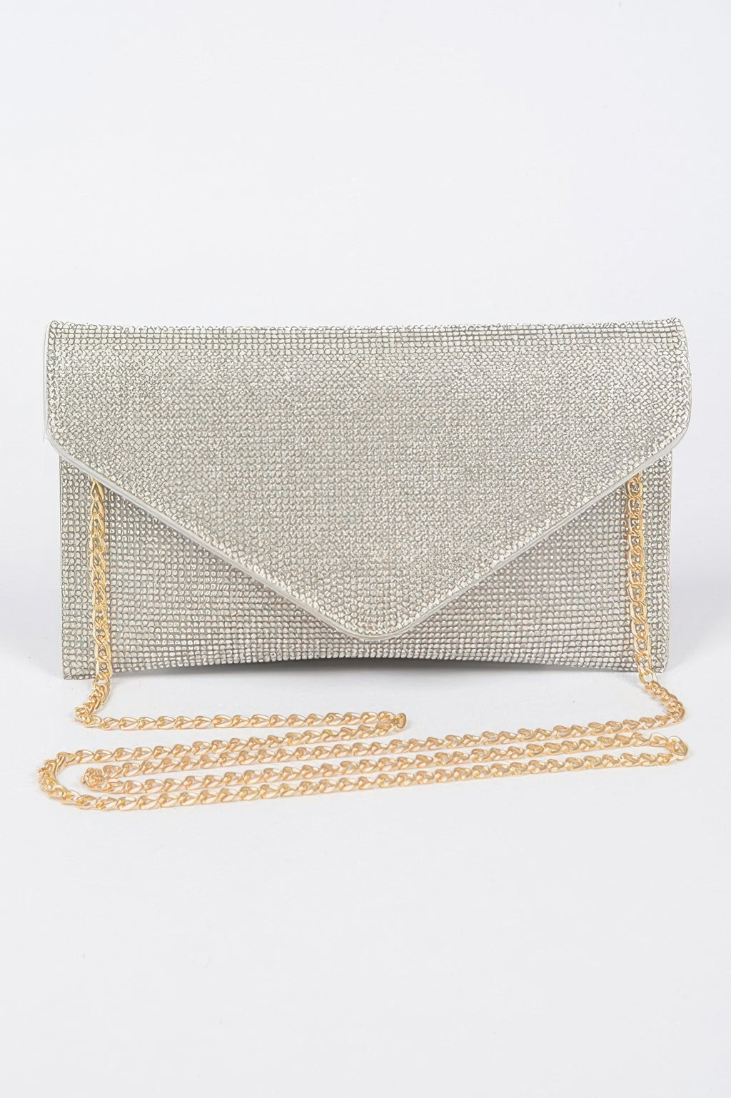 Clear rhinestone envelope clutch with gold chain strap