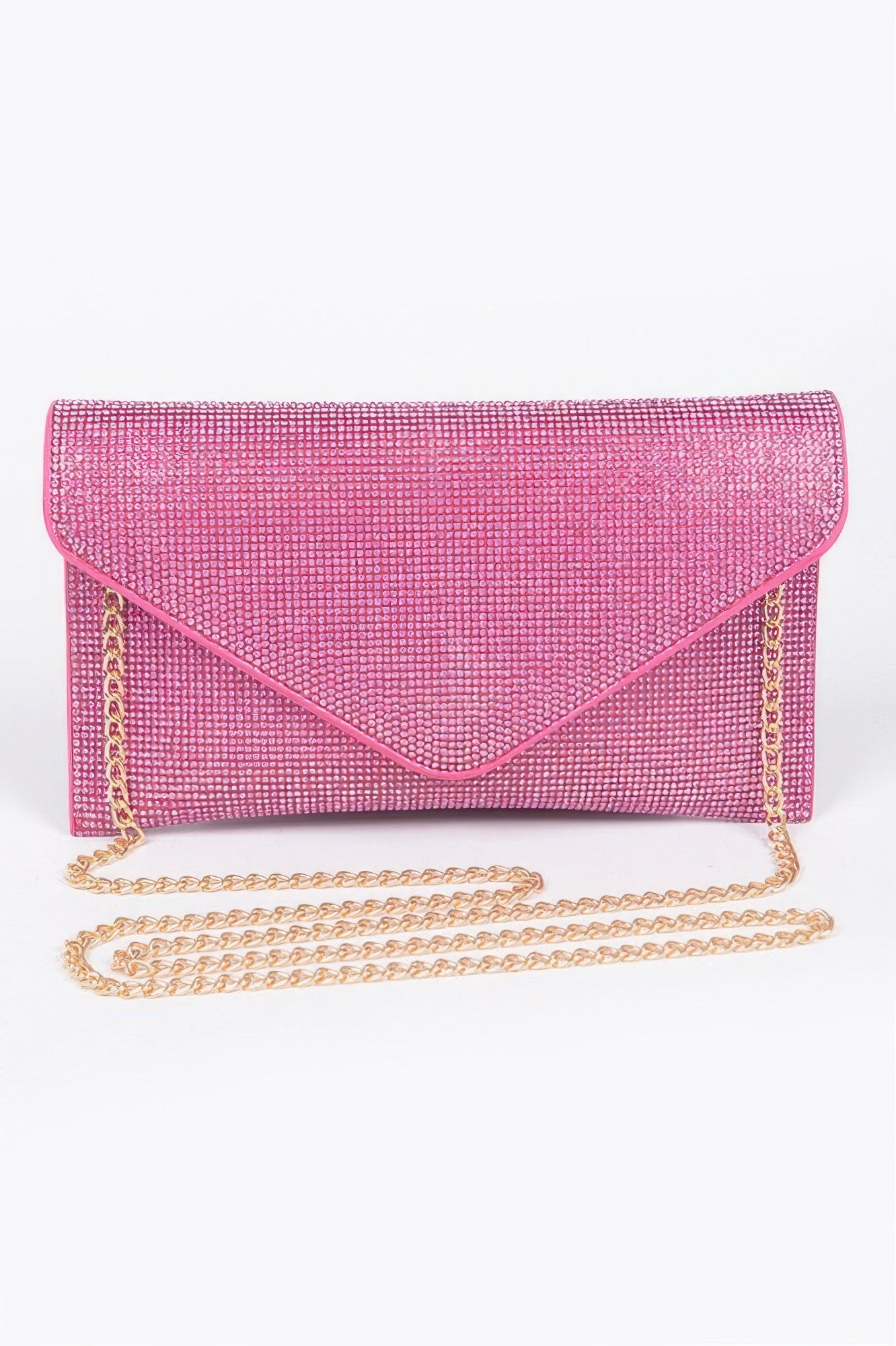 Fuchsia rhinestone envelope clutch with gold chain strap