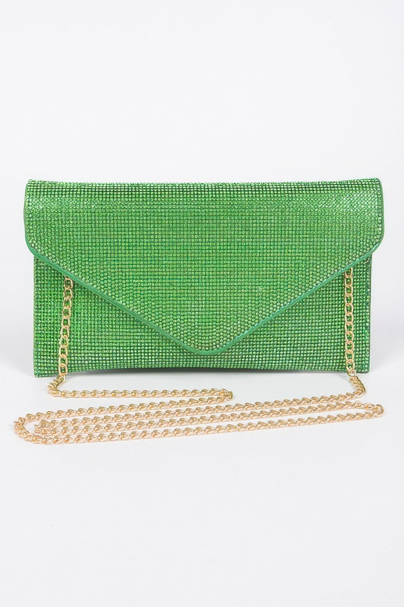 Green rhinestone envelope clutch with gold chain strap