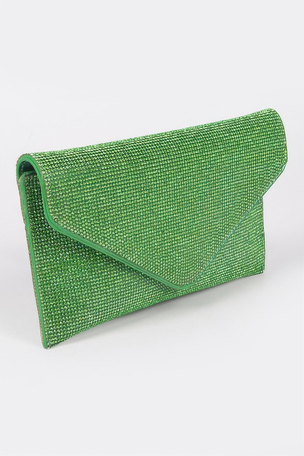 Green rhinestone envelope clutch, side view with slim chain