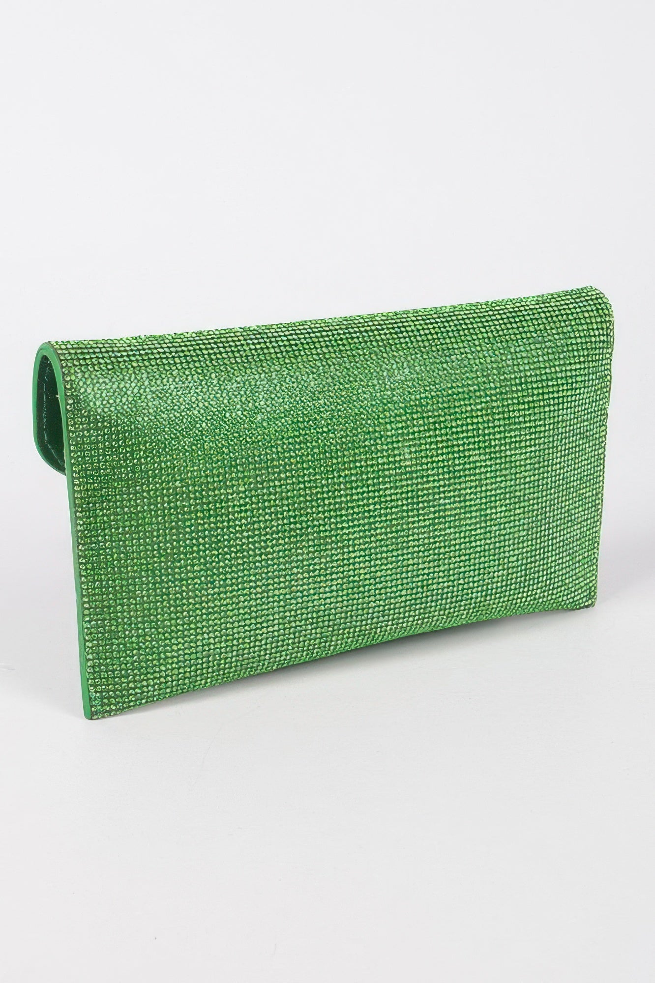 Green rhinestone clutch, curved back flap view