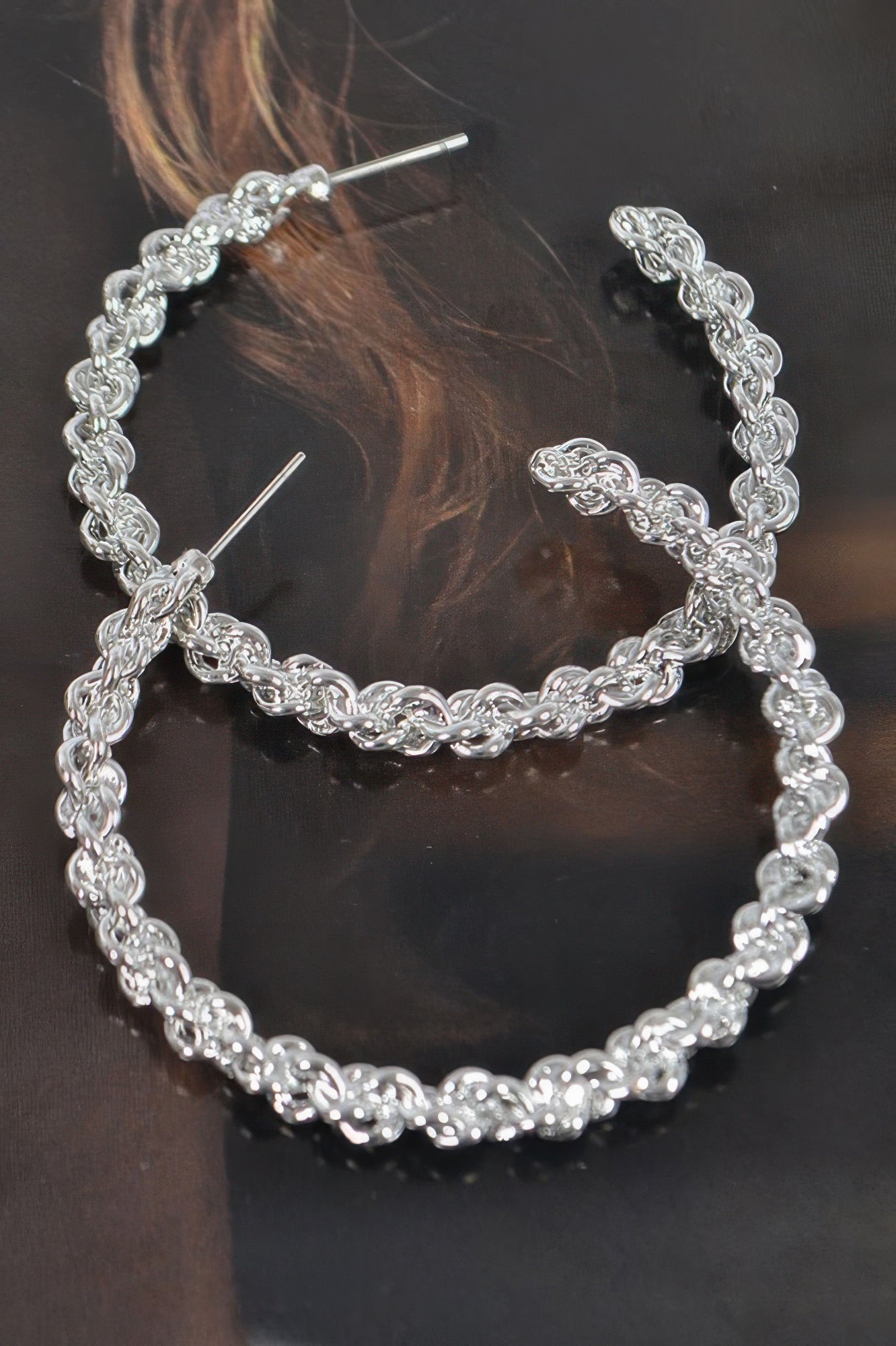 Silver-tone chain hoop earrings, textured oval links and post closure