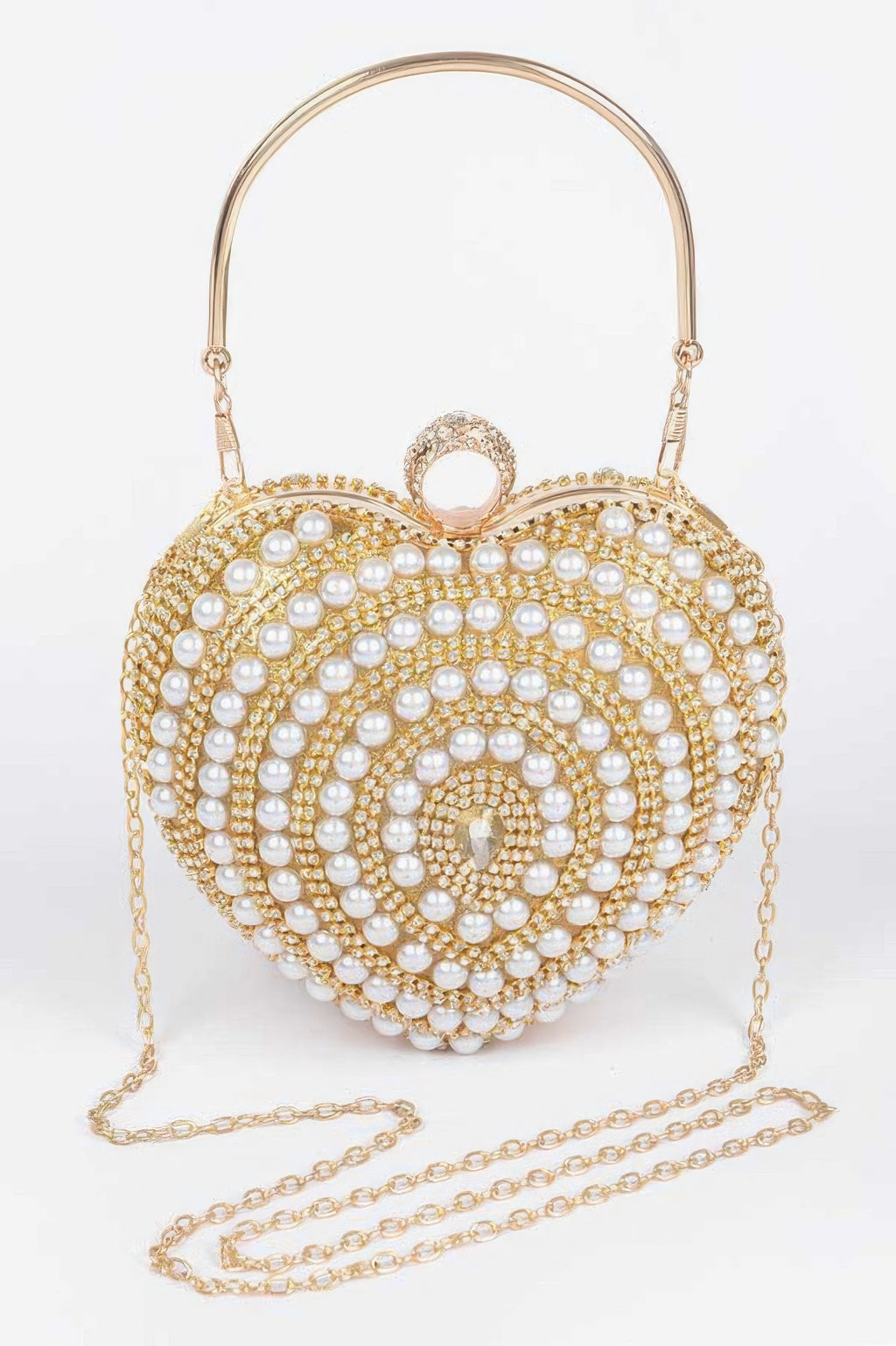 Heart Shape Party Clutch in Gold with pearl-like beadwork and gold chain strap