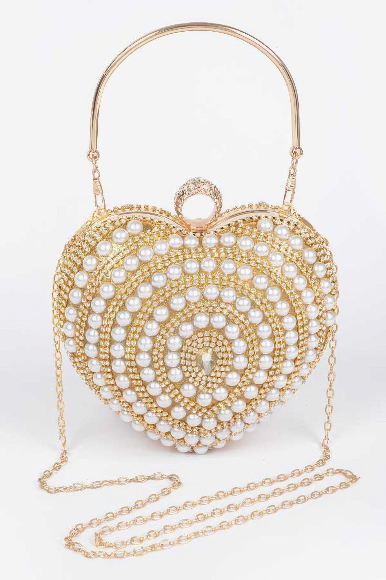 Heart Shape Party Clutch in Gold with pearl-like beadwork and gold chain strap