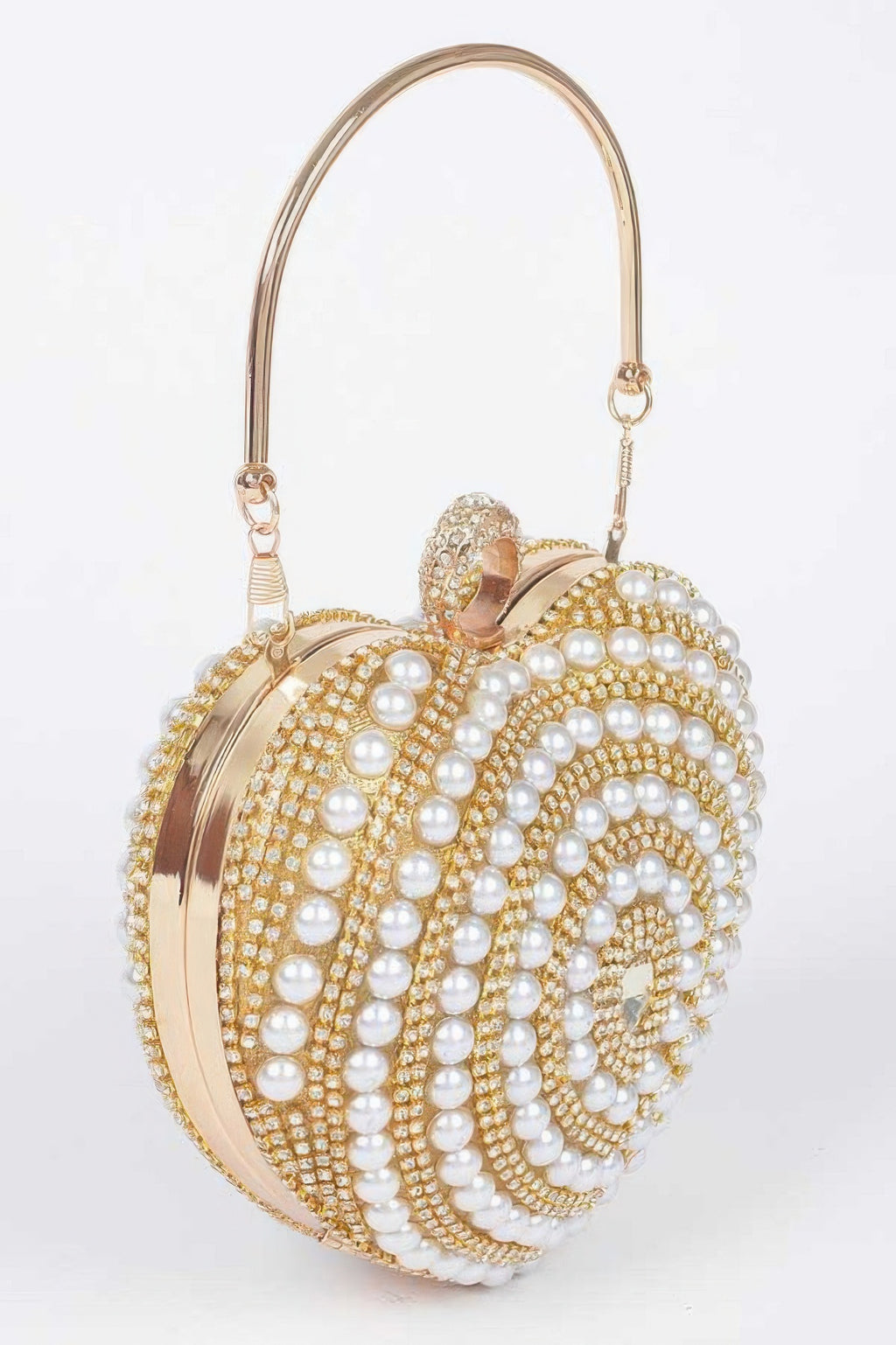 Gold heart clutch with pearl beadwork, hinged frame, and shoulder chain strap