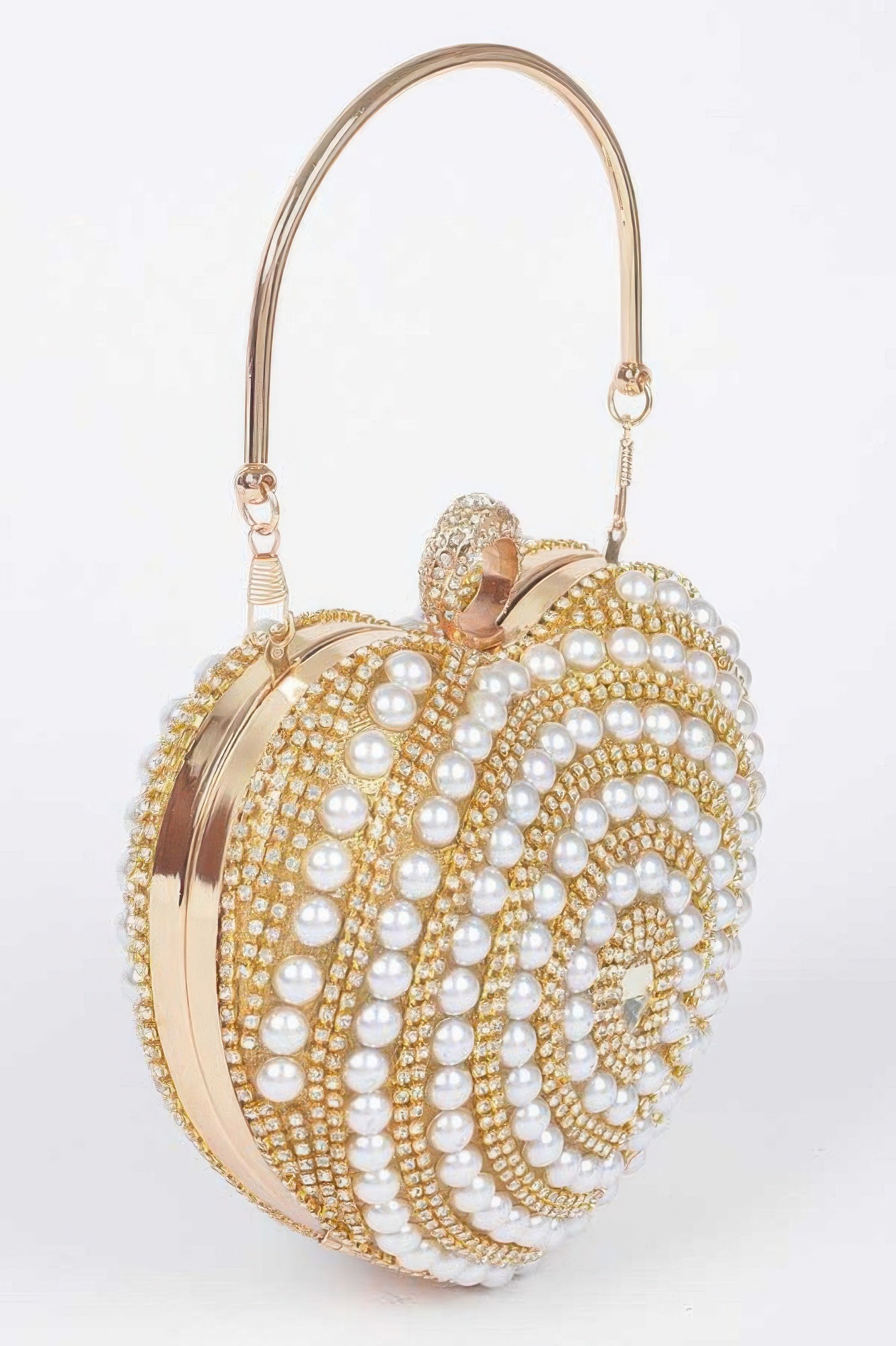 Gold heart clutch with pearl beadwork, hinged frame, and shoulder chain strap