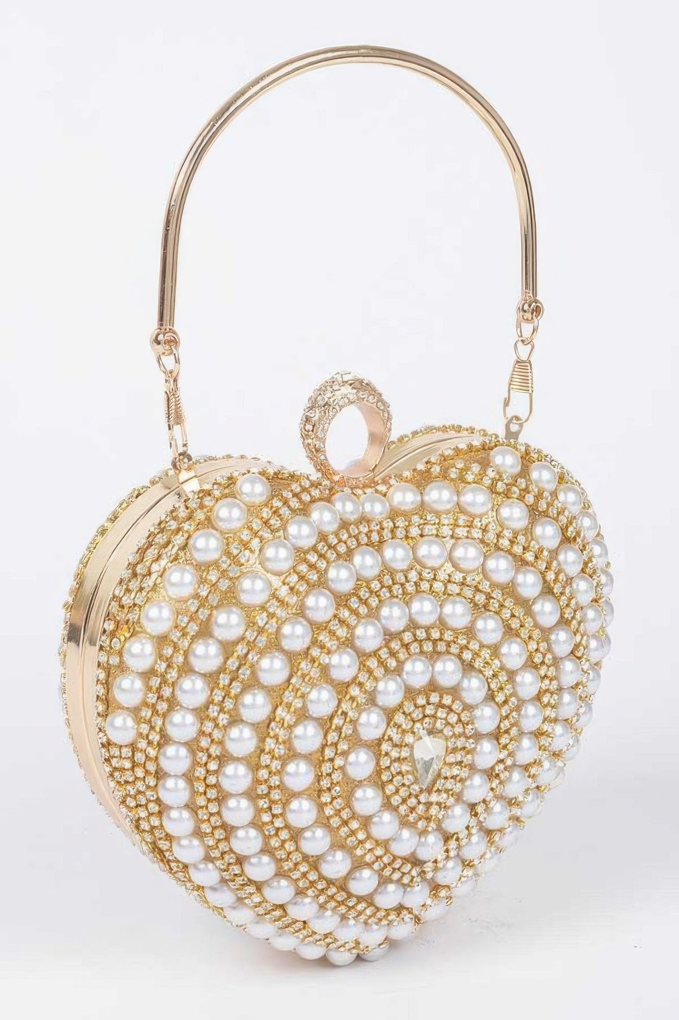 Gold heart-shaped party clutch with pearl-like beads and round top clasp ring