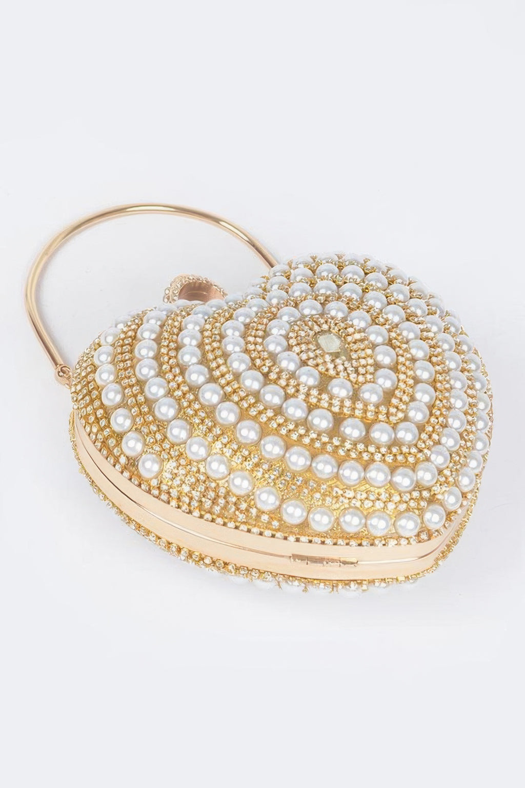 Heart Shape Party Clutch in gold with pearl bead swirl design and chain strap