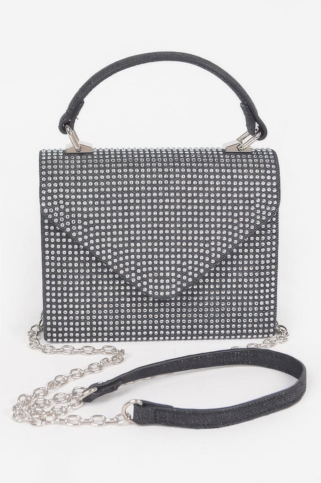 Black hot-fix stone top handle bag with silver dot pattern and chain shoulder strap
