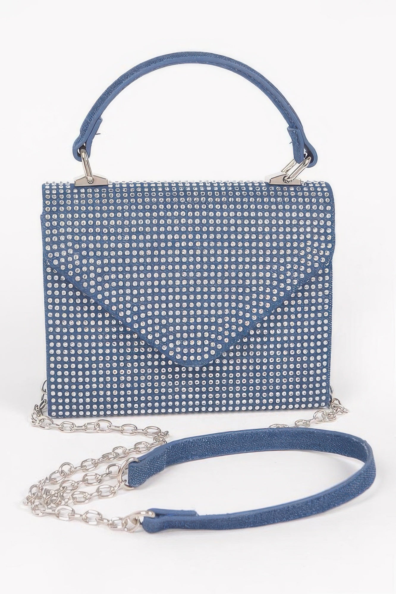 Dark blue hot-fix stone top handle bag with silver dot pattern, top handles and chain strap