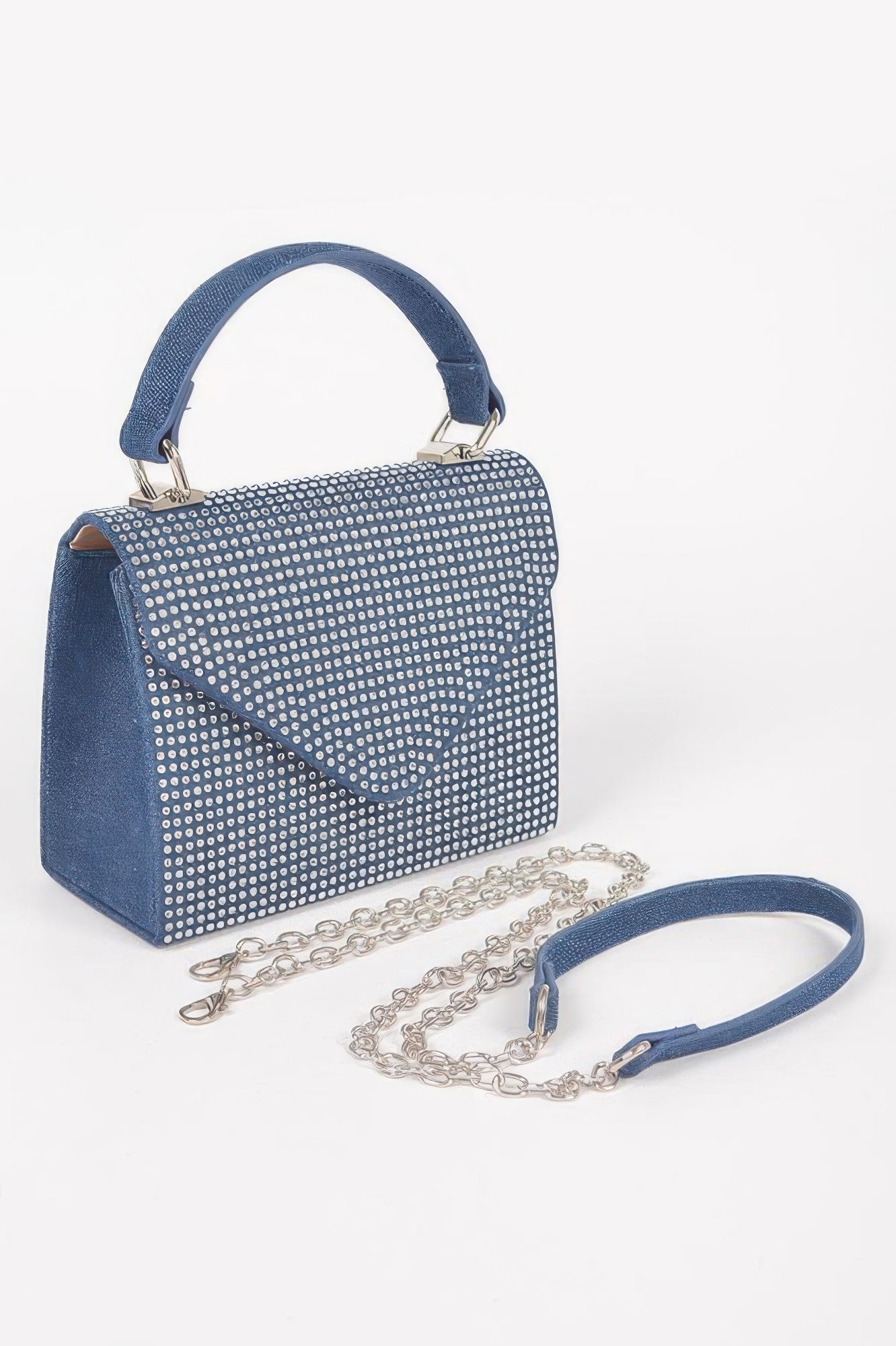 Dark blue hot-fix stone top handle bag, side view with silver dot sparkle and chain strap