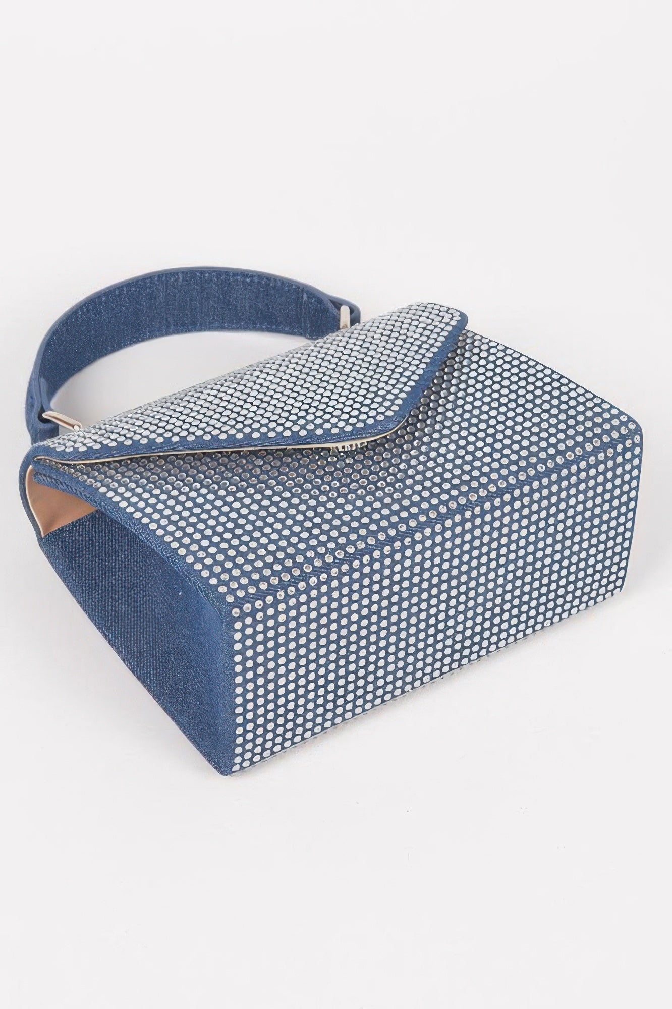 Light blue hot-fix stone top handle bag, top flap and side view with silver dot pattern