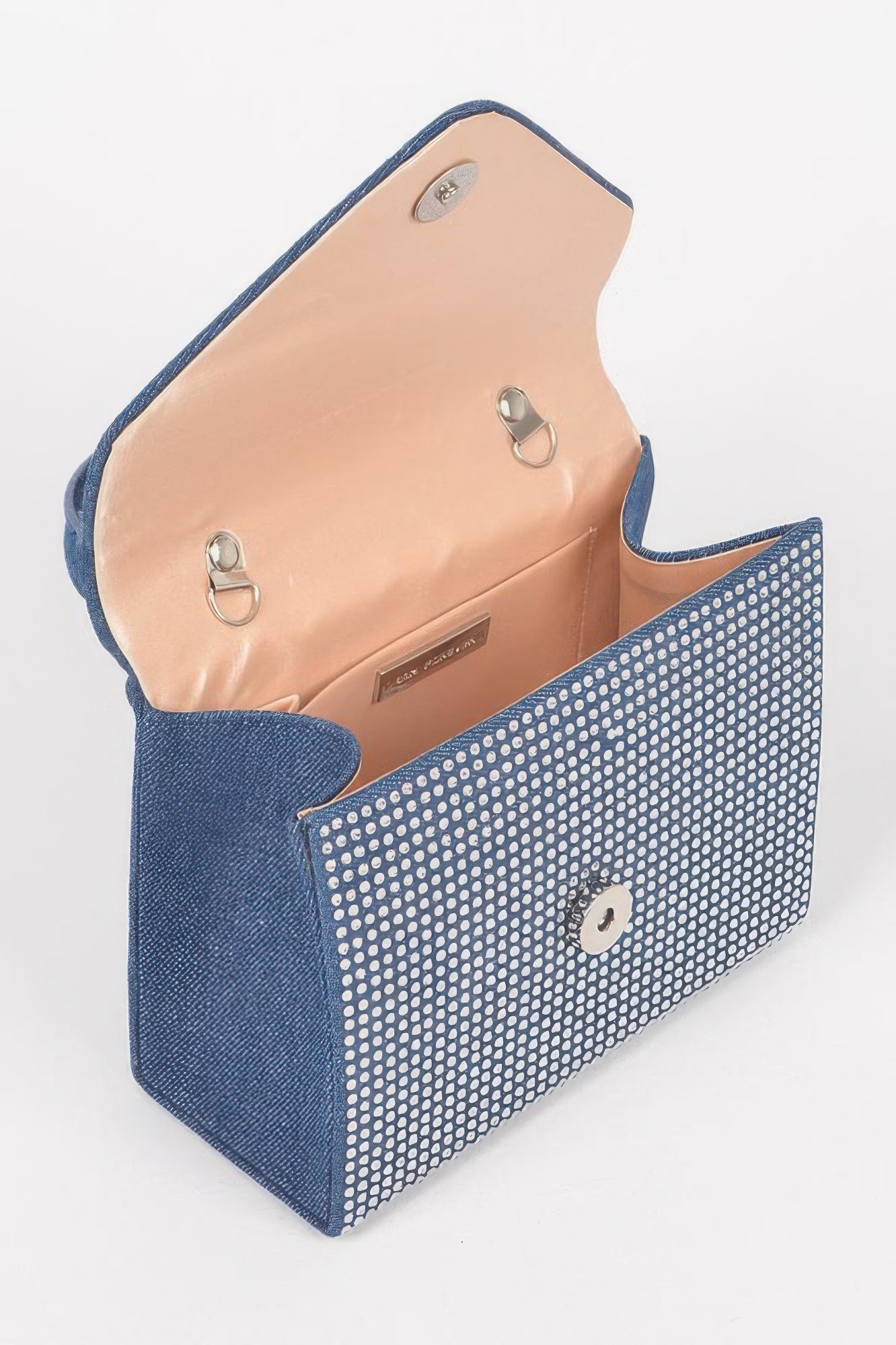 Hot-fix stone top handle bag interior in tan lining with magnetic snap and silver hardware