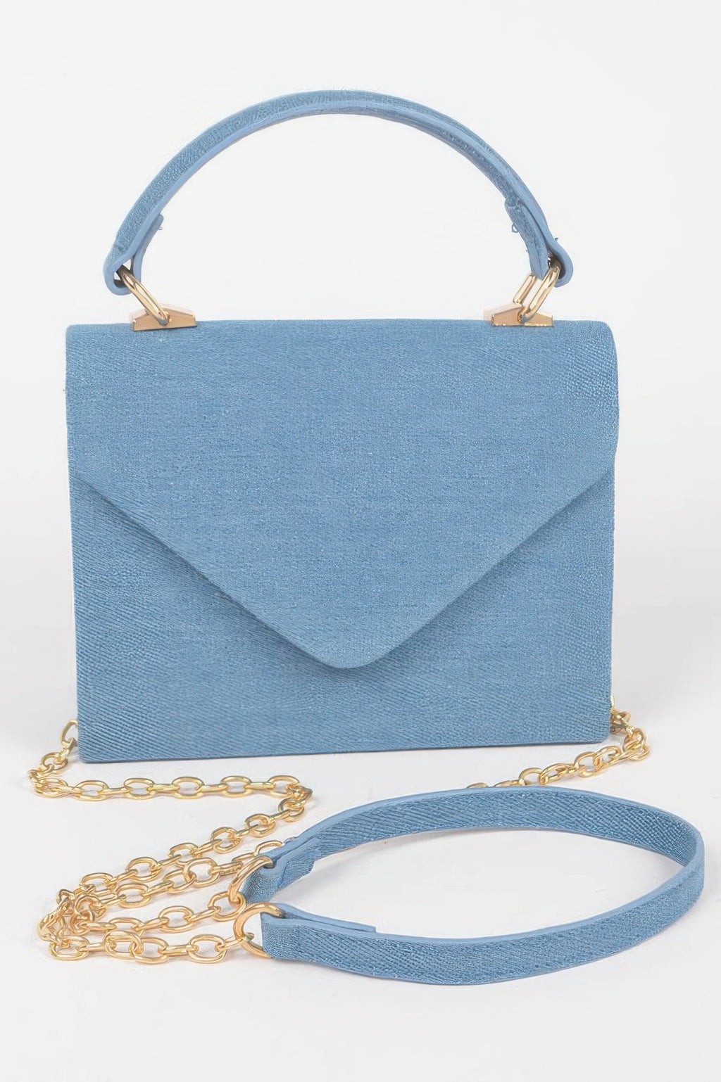 Bolso bandolera cruzado denim color azul claro, con asa superior y correa dorada