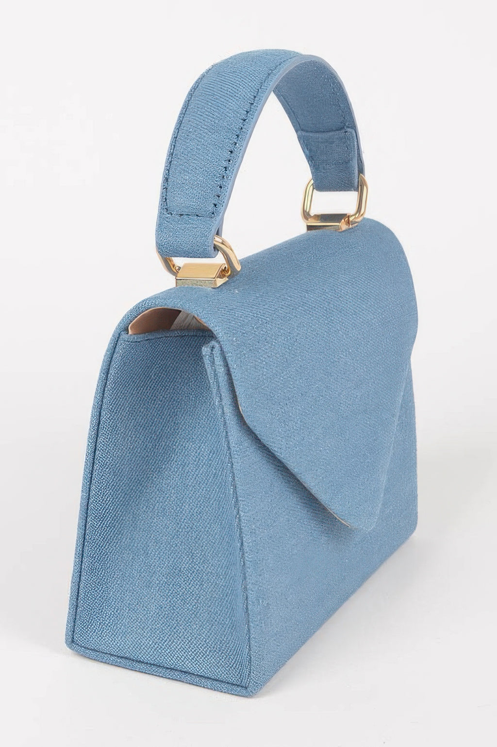 Bolso bandolera cruzado denim azul claro visto de lado, asas y compartimento frontal