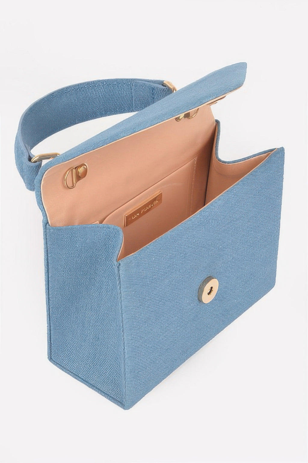 Bolso bandolera cruzado denim azul claro abierto: bolsillo interior y cierre frontal