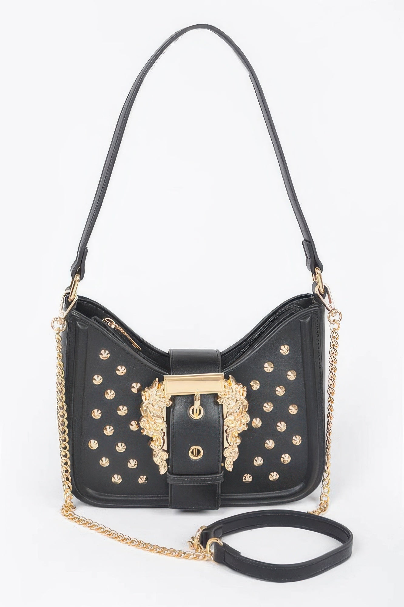 Black studded faux leather shoulder bag with gold-tone buckle front and chain strap