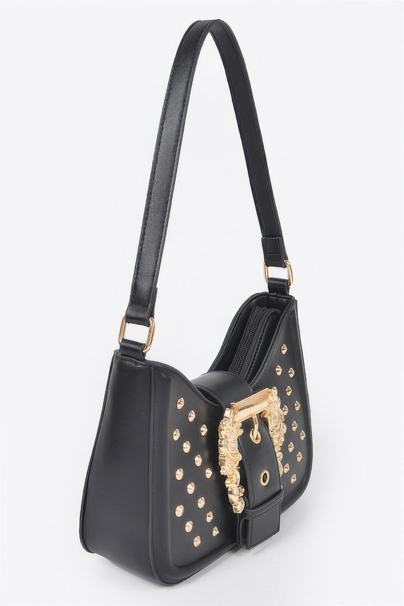 Black studded faux leather shoulder bag with gold-tone chain strap and buckle detail
