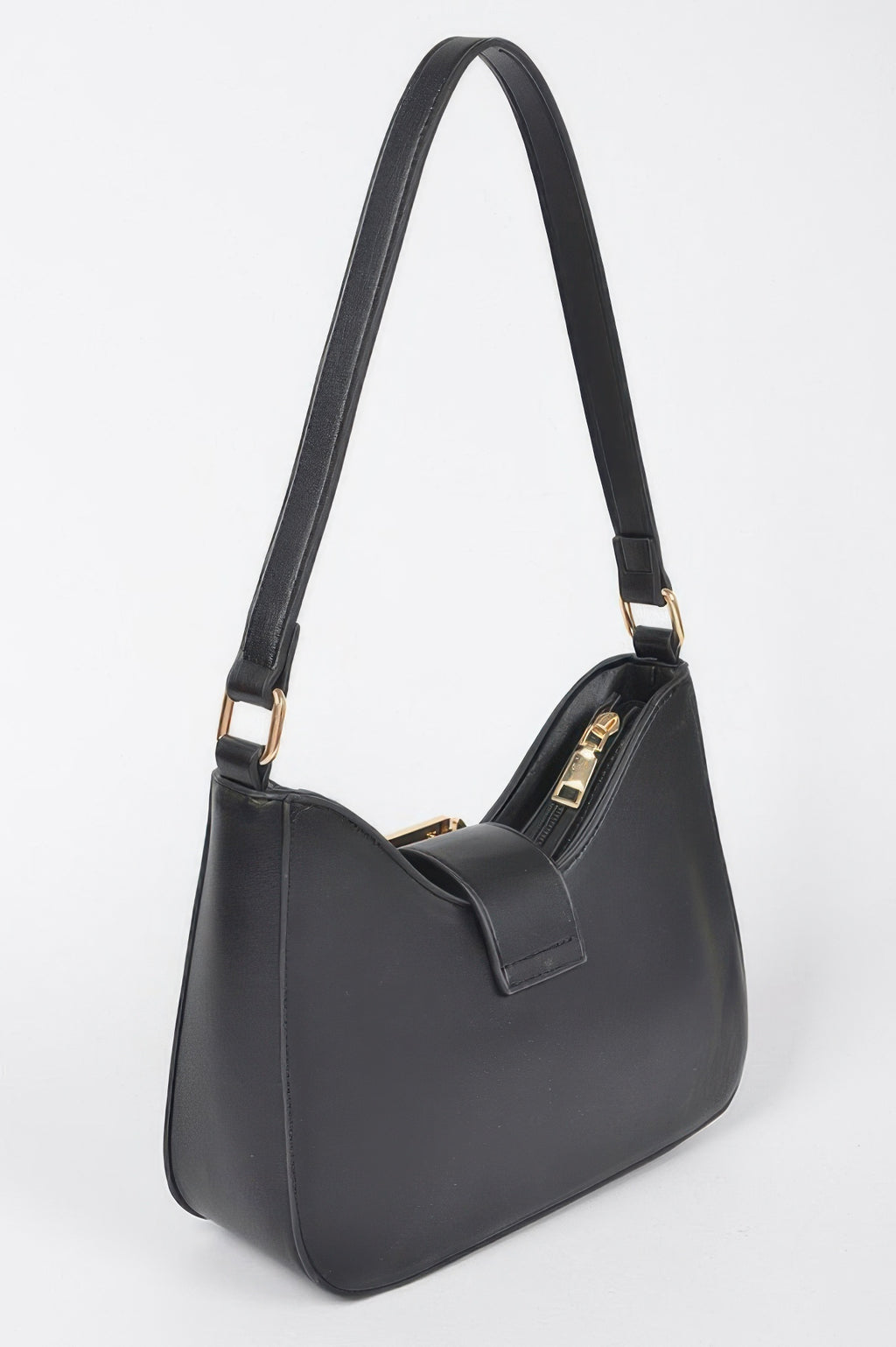 Black faux leather shoulder bag with wide strap, structured body, and studded front