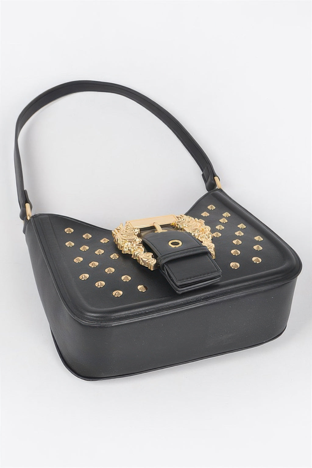 Black faux leather bag with gold-tone stud pattern, central buckle ornament, chain strap