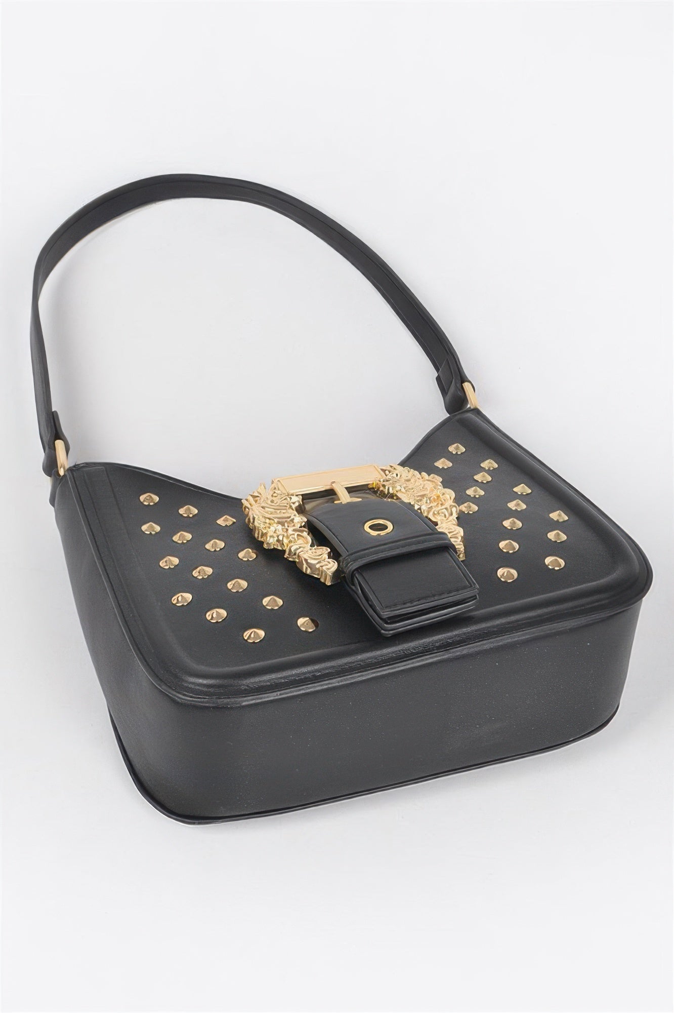 Black faux leather bag with gold-tone stud pattern, central buckle ornament, chain strap