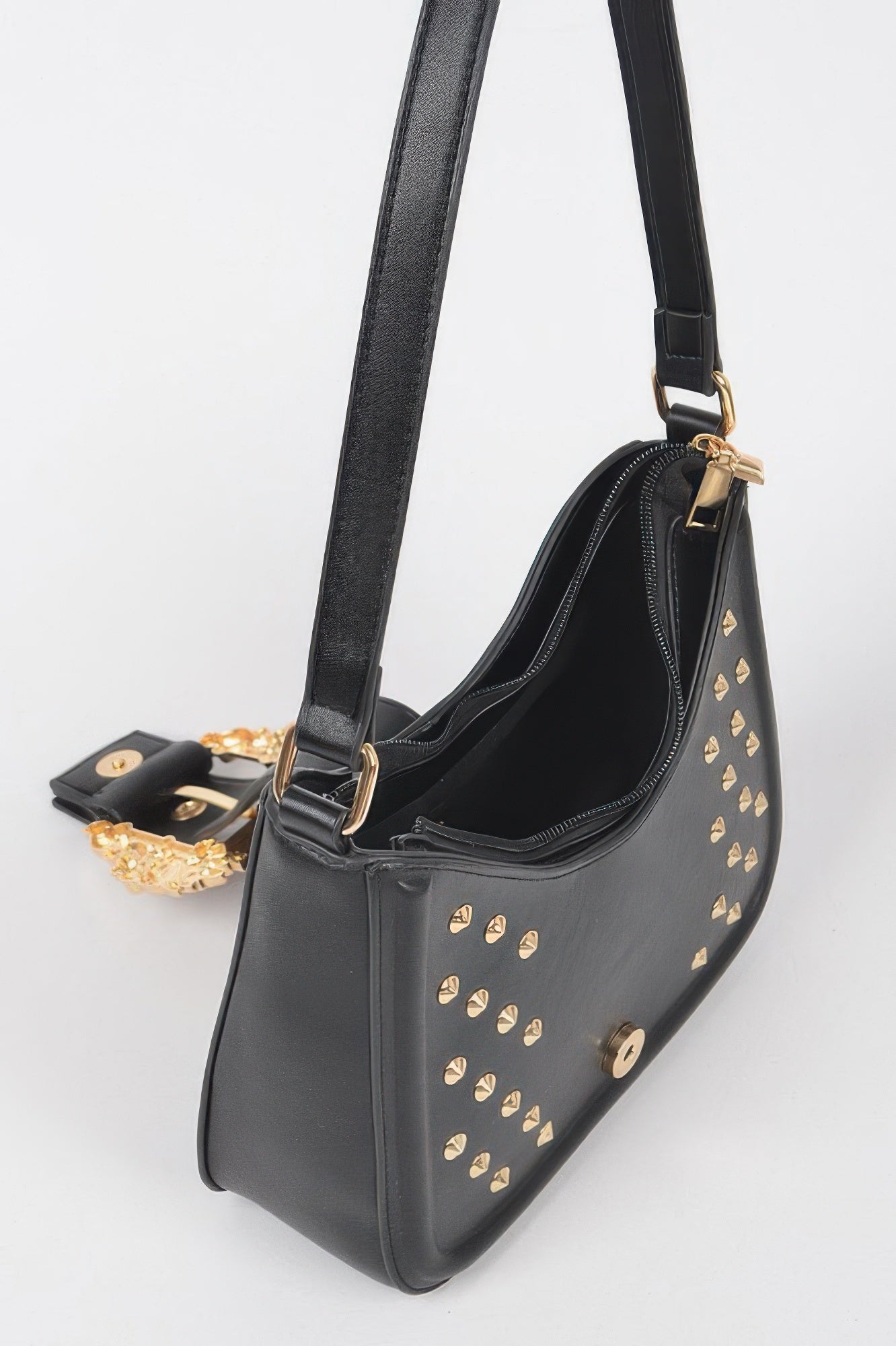 Black studded faux leather hobo shoulder bag with gold buckle clasp and zipper-top