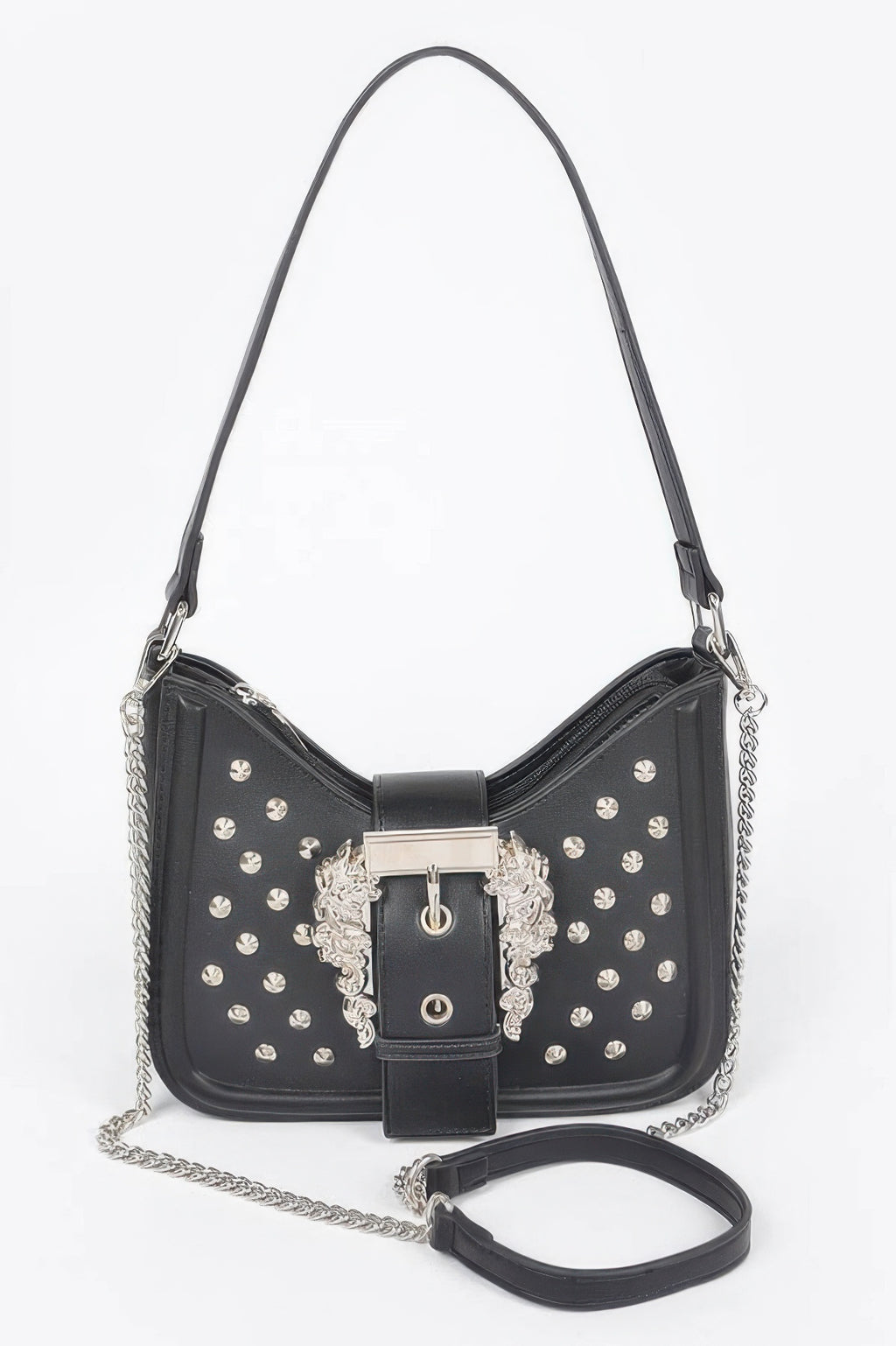 Black studded faux leather shoulder bag with gold-tone studs, chain strap, and buckle front