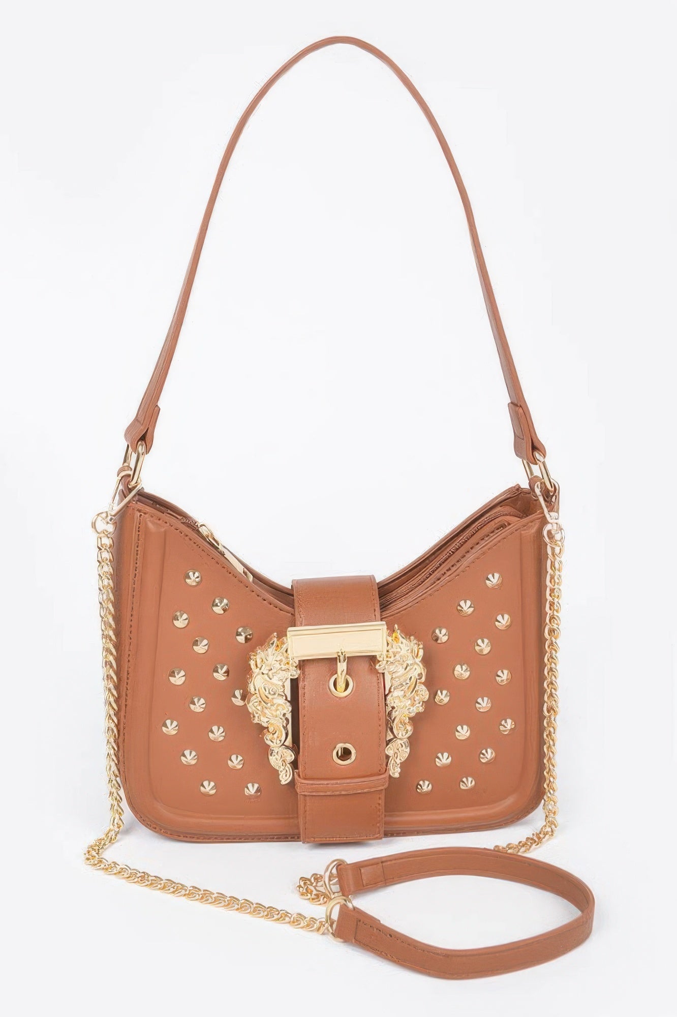 Camel faux leather studded shoulder bag with gold-tone buckle front and chain strap
