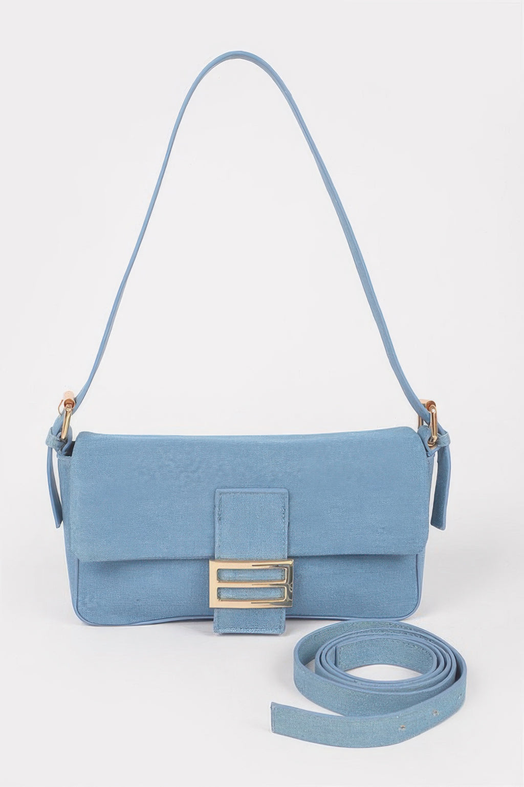 Denim shoulder bag, light blue with flap and gold-tone metal buckle detail