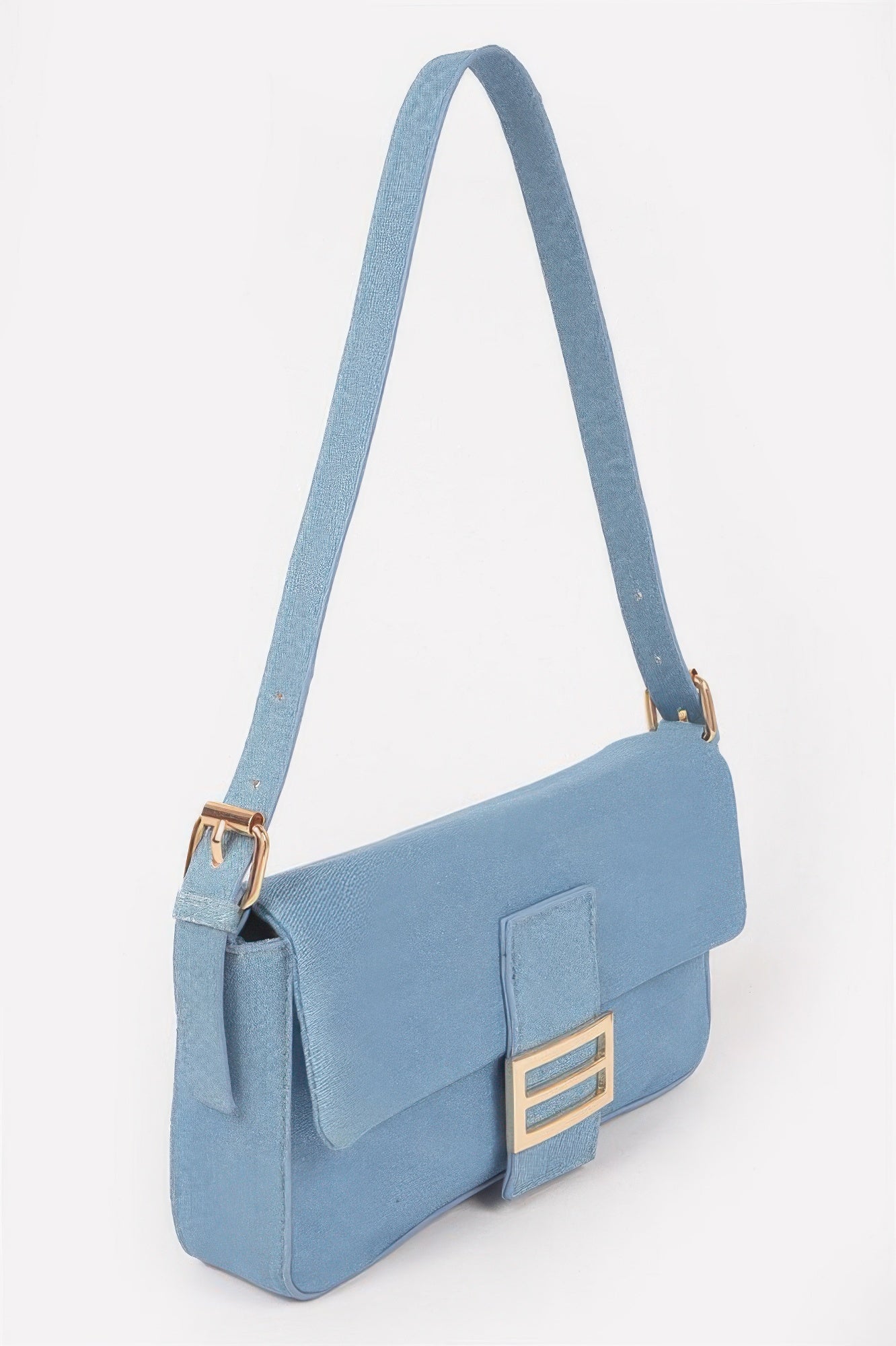 Light blue denim crossbody bag with flap, center patch, and gold-tone buckle