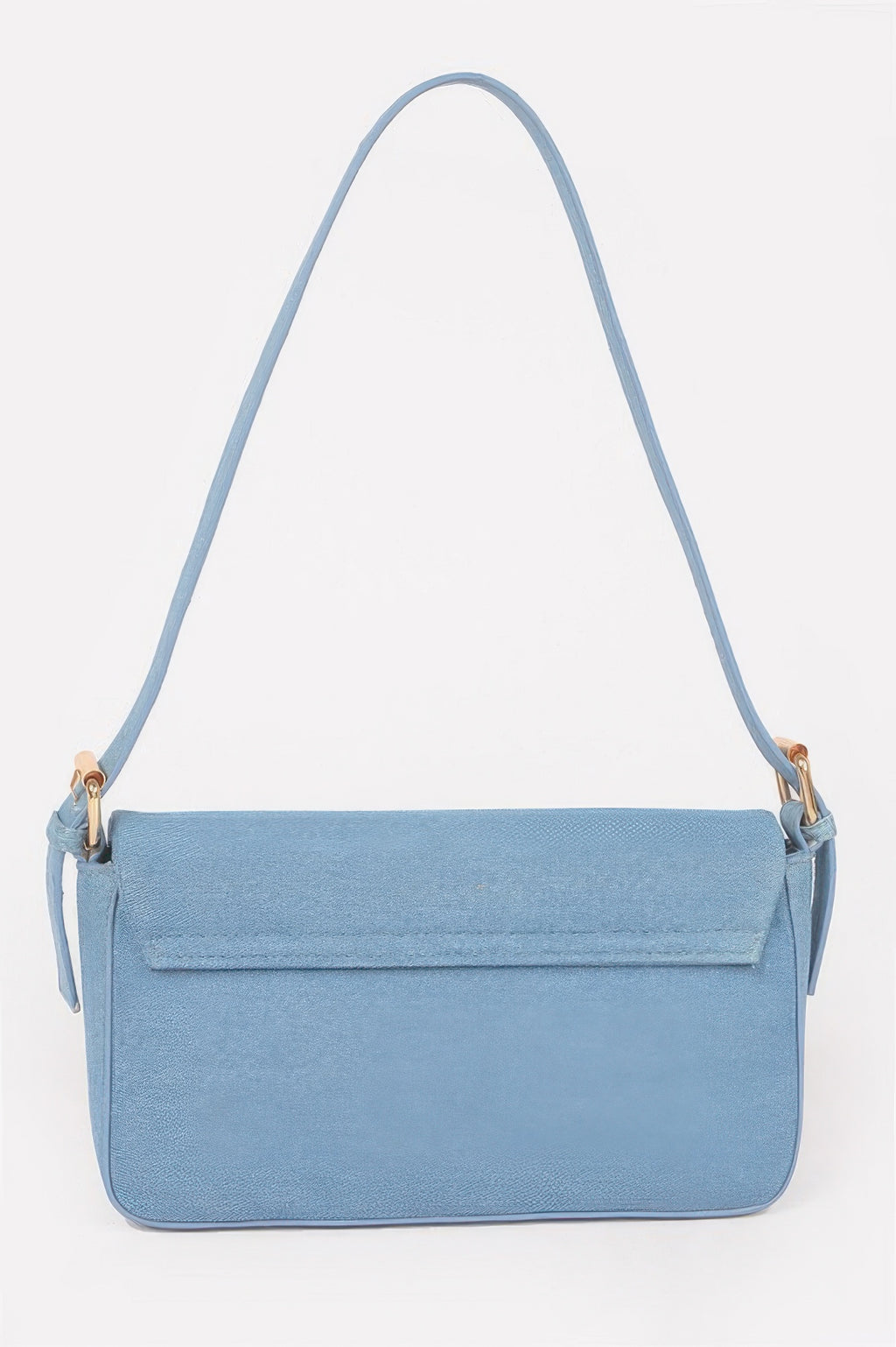 Light blue denim shoulder bag with single strap and front flap closure