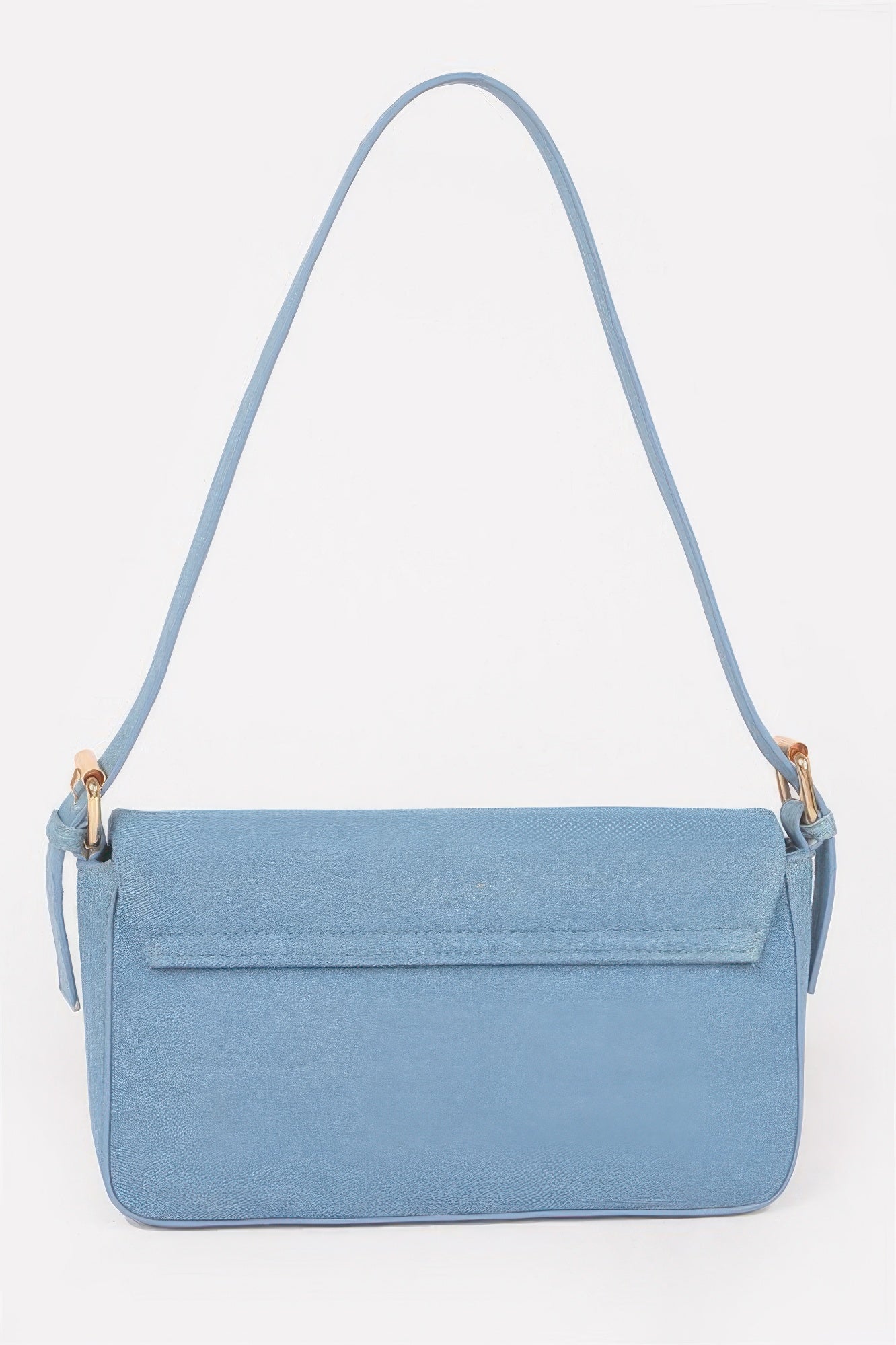 Light blue denim shoulder bag with single strap and front flap closure