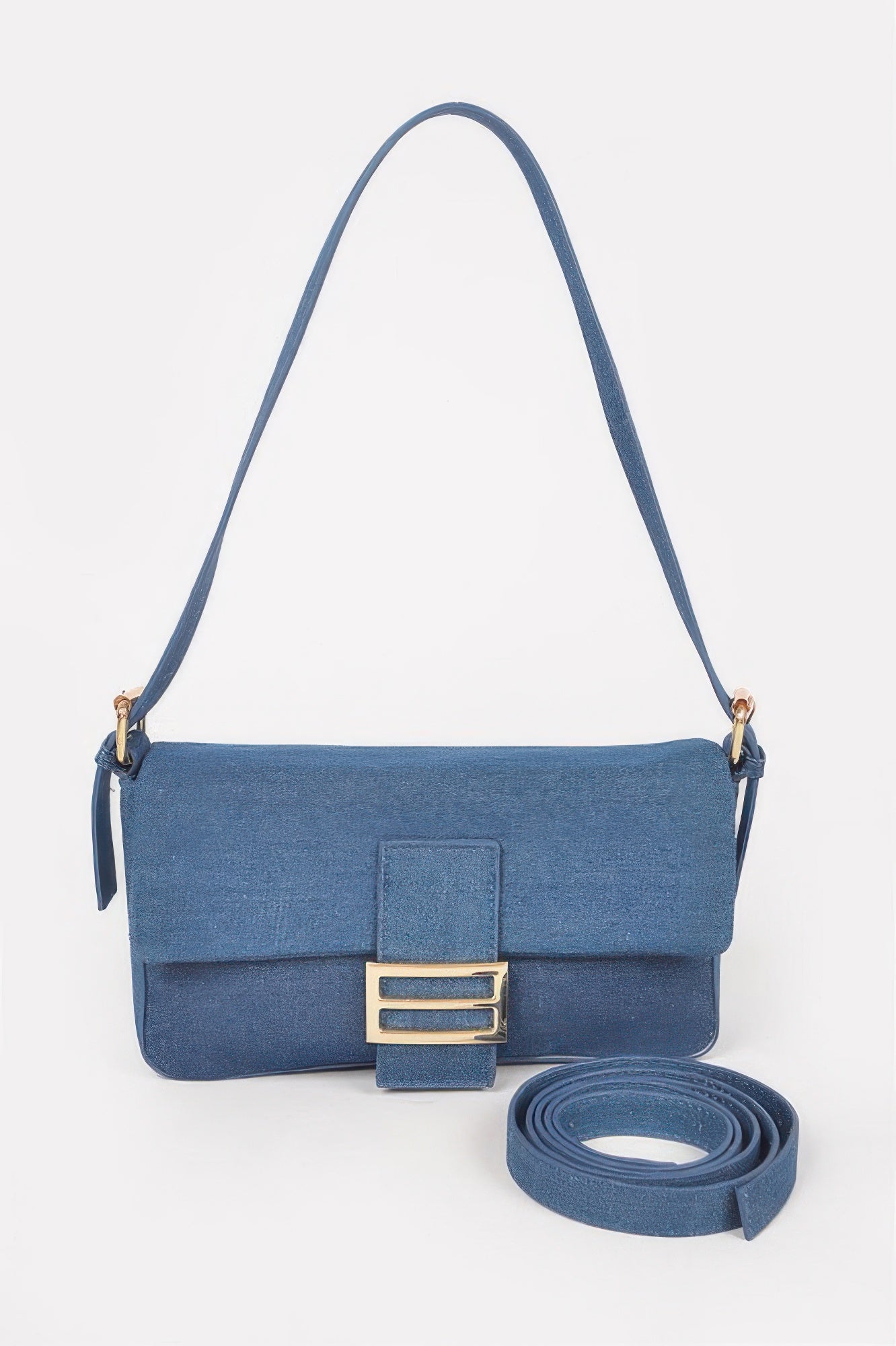 Light blue denim shoulder bag with adjustable strap and long matching strap