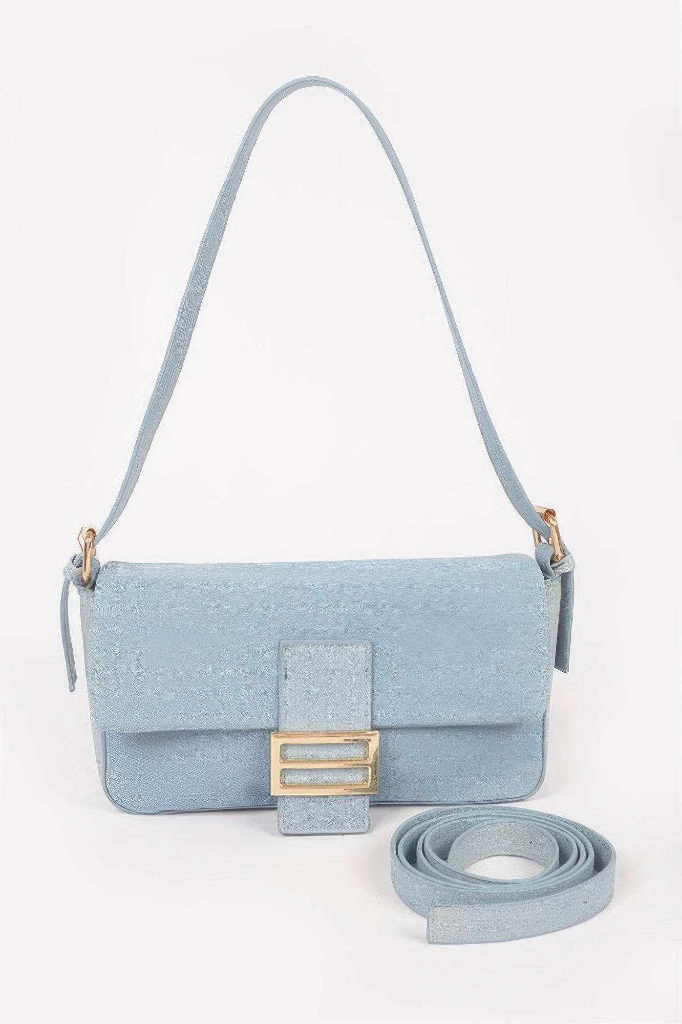 Light blue denim shoulder bag, front flap with center panel and gold-tone buckle