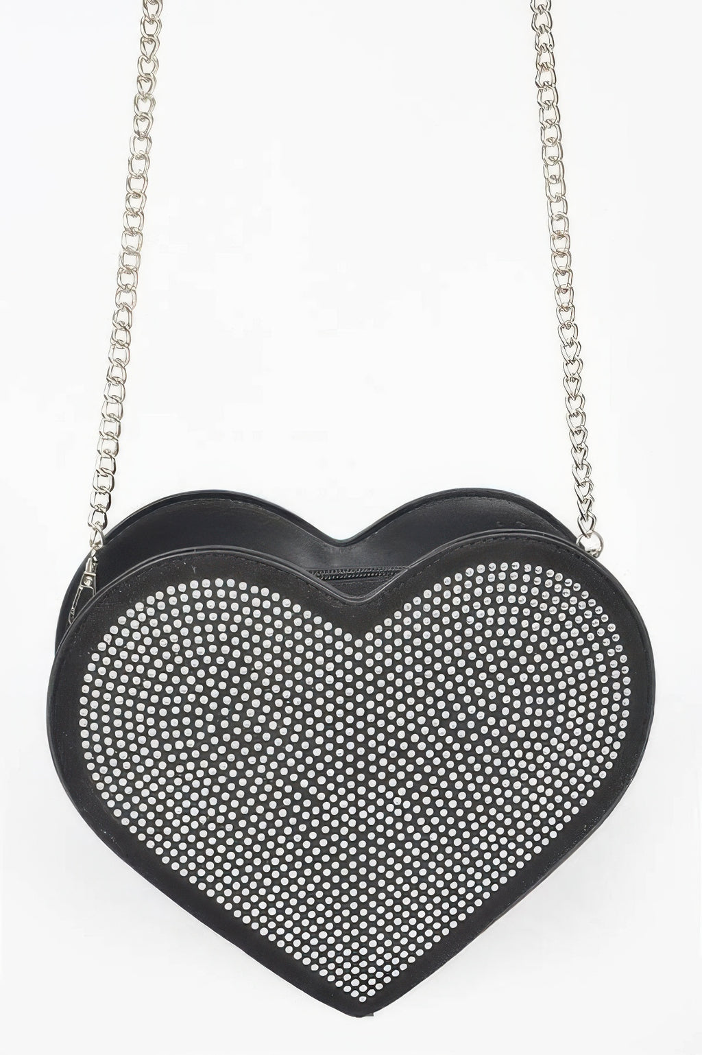 Black heart-shaped hot-fix bag with rhinestone mesh front and silver chain strap.