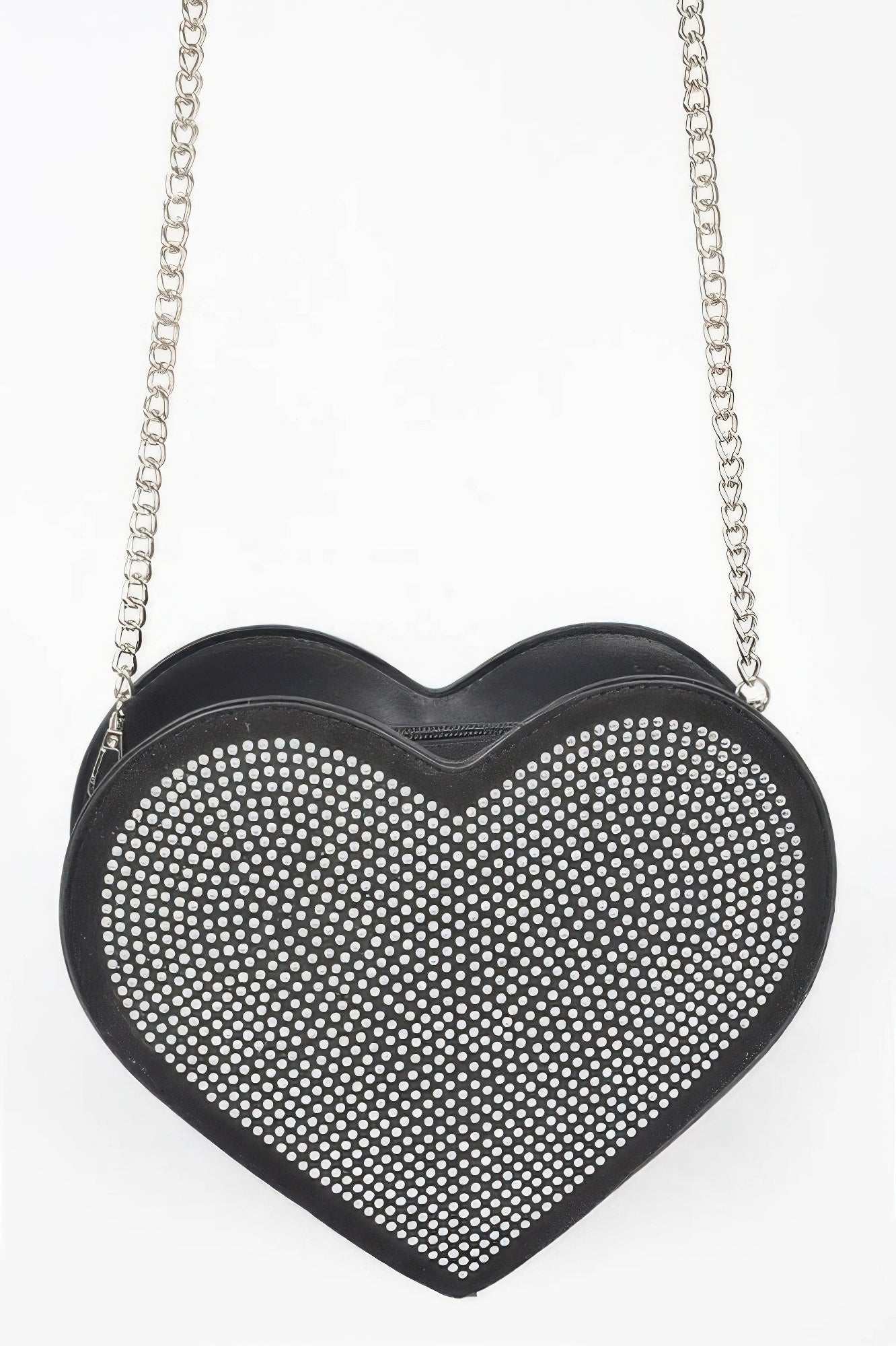 Black heart-shaped hot-fix bag with rhinestone mesh front and silver chain strap.